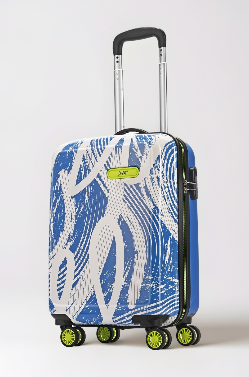 Cabin Stroke Abs Hardshell Luggage (55 Cm) | Printed Luggage 4 Wheel Inline Trolley Bag with 8 Wheels and in-Built Combination Lock | Unisex, Blue and White, Small