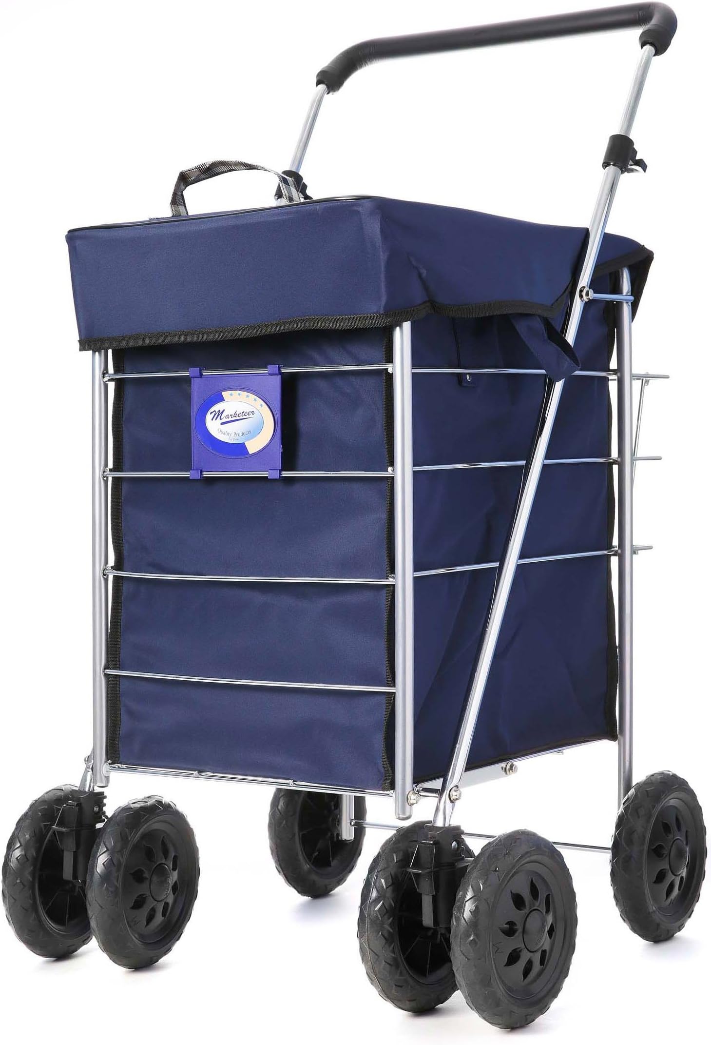 Marketeer Stroller Swivel 6 Wheel Shopping Trolley with Veg Rack Navy/Beige