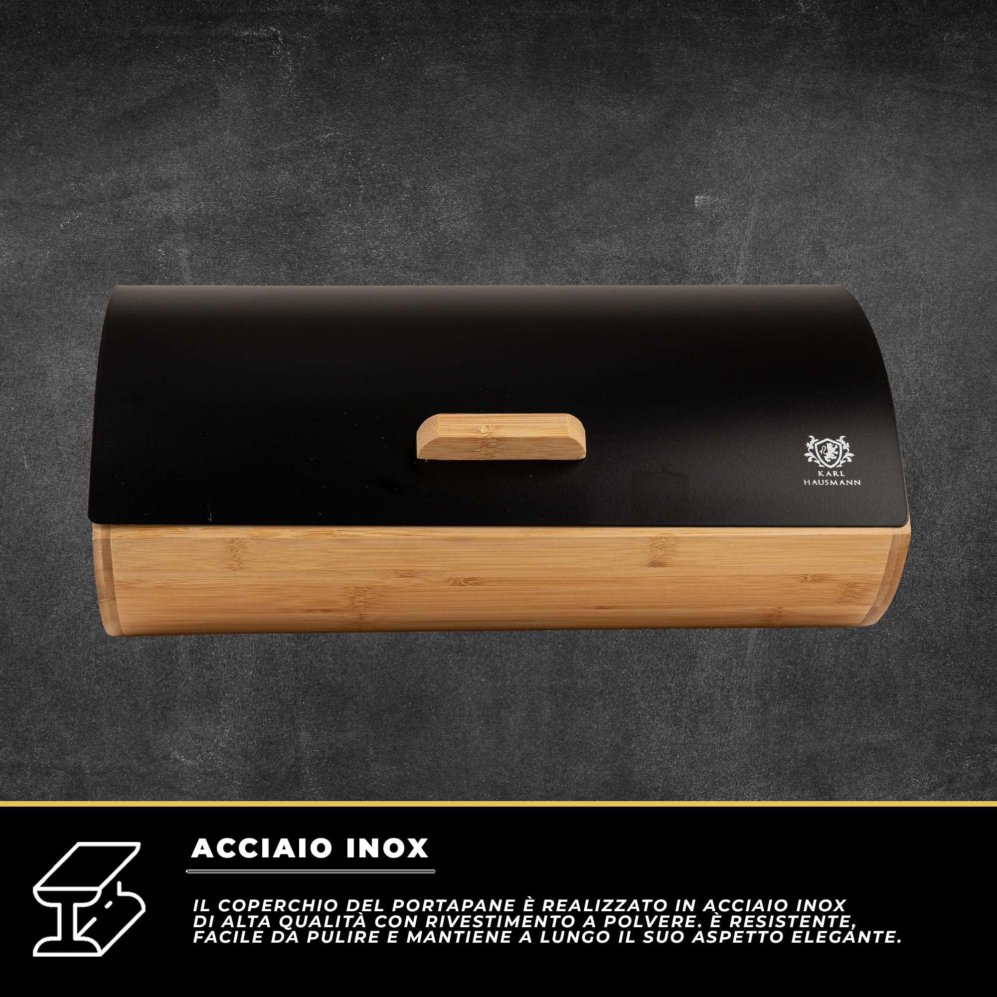KARL HAUSMANN Porta Pane da Cucina con Coperchio - Nero Portapane Bambu - Moderno Contenitore per il Pane - Scatola Portapane in Metallo - Cassetta Portapane - Bread Box - 35 x 25 x 15,5 cm