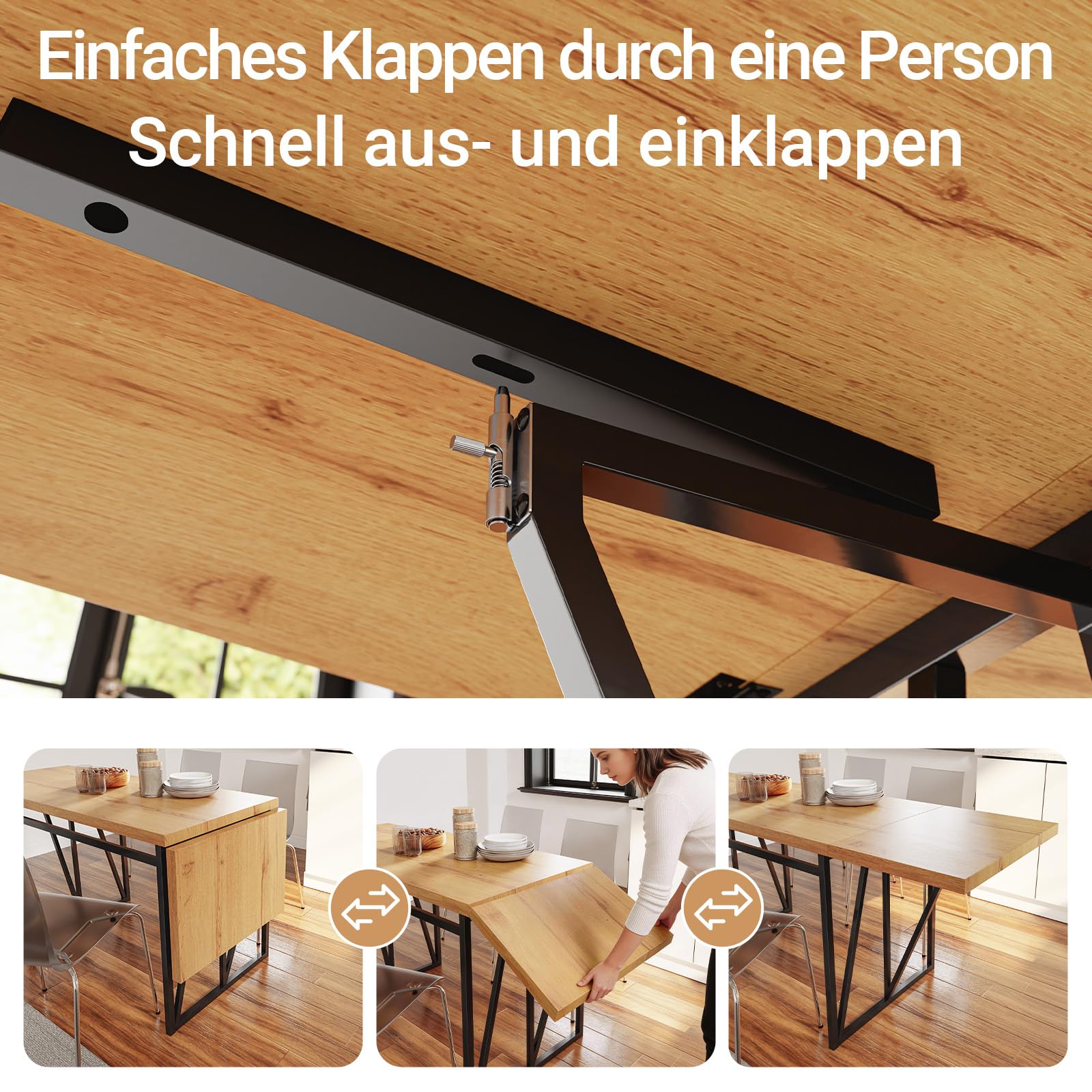 SoBuy Esstisch klappbar für 2-8 Personen, platzsparend, 65x(110-200) x76cm | Küchentisch ausziehbar, stabile Tischplatte in Holzoptik & Metallgestell, für Küche, Esszimmer & Arbeitsbereich, FWT113-N