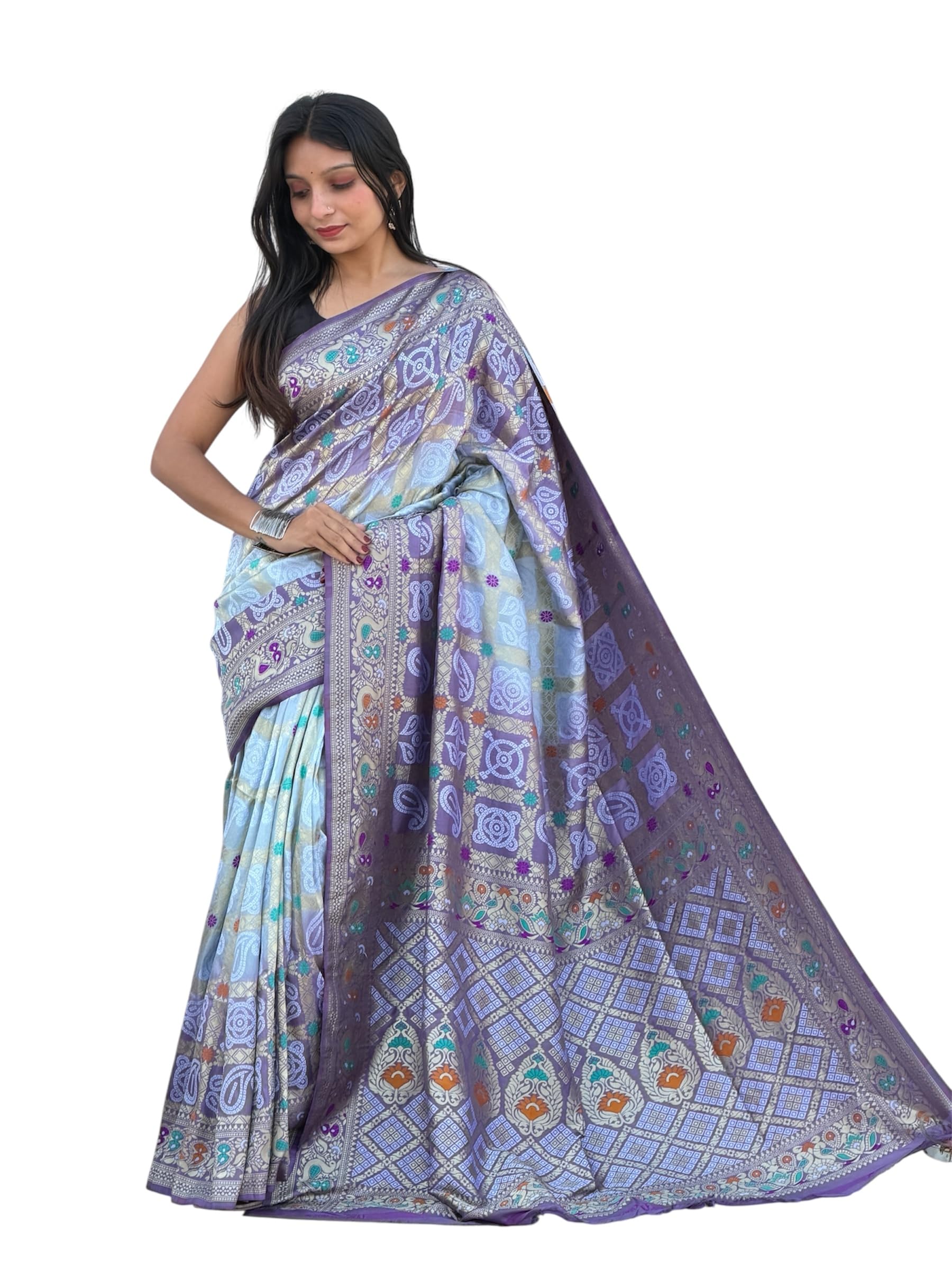 tavan Meenakari Malal Silk Saree, Sky Blue and Purple, Paisley Pattern, Traditional Weaving, Ethnic Wear-picture-33