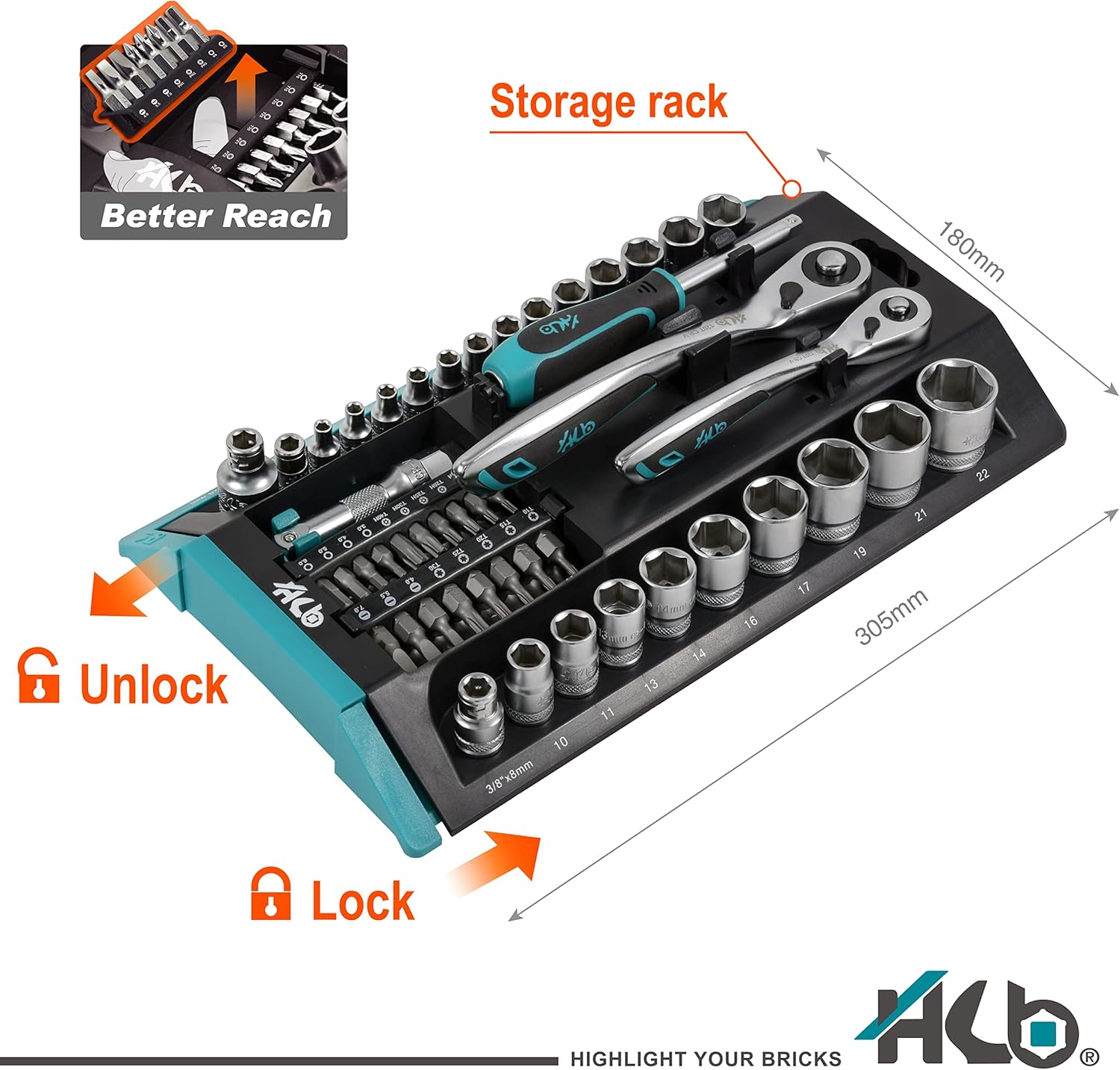 HB AKX002 66-Piece Socket Set 1/4" & 3/8" Drive, 120-Tooth Ratchet Handles, Quick Release, Offset Design, Cr-V Sockets & S2 Bits, Sliding Storage Rack, Professional Tool Set, Made in Taiwan