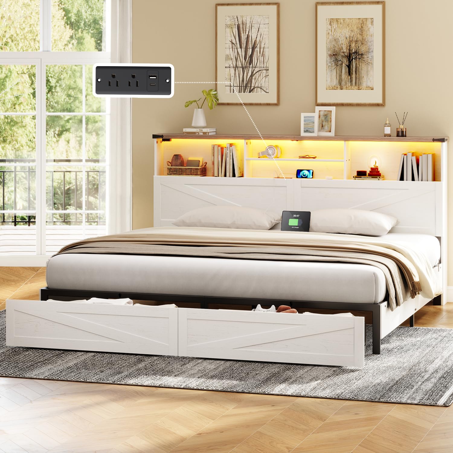 King Size Bed Frame with Bookcase Storage and Drawers Farmhouse Bed with High Headboard Charging Station and LED