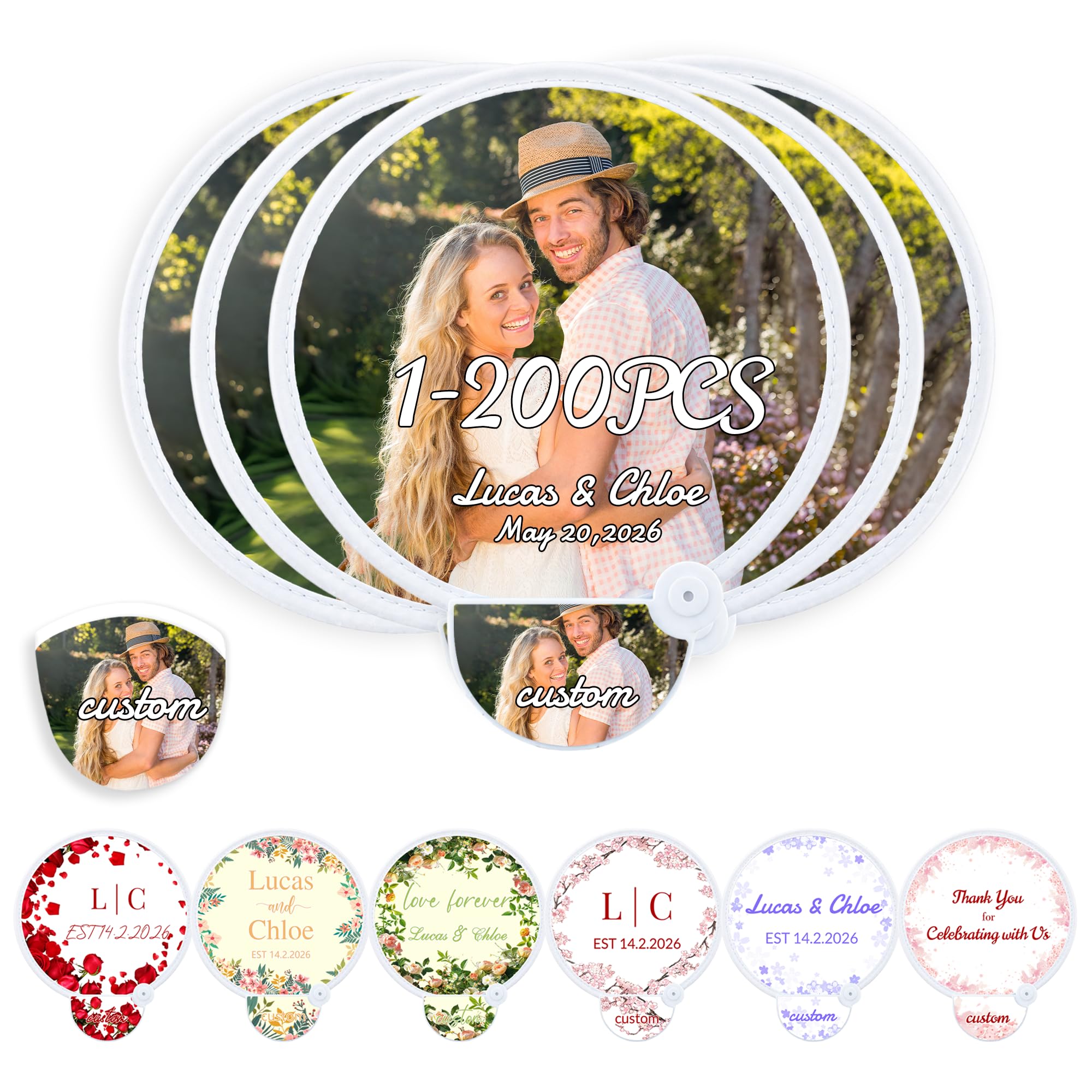 50 Piezas Abanicos Redondos Plegables Personalizados, Portátil Abanico Personalizado para Boda con Foto y Texto, Detalles de Boda para Invitados, Regalo en Eventos al Aire Libre y Fiestas