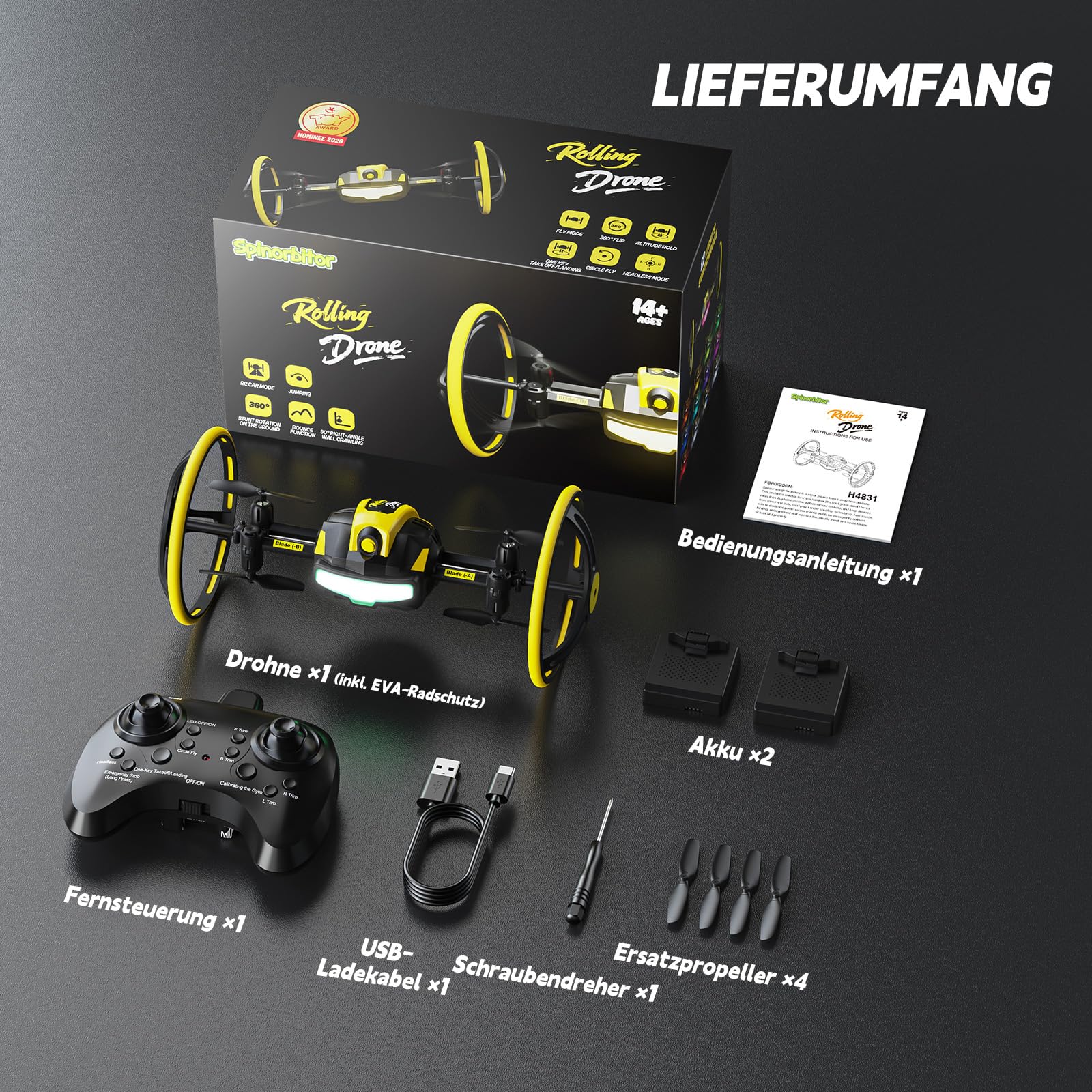 RC Wandkletternde Stunt Drohne mit Doppelrädern, 3-in-1 mit LED | ToyAward 2026 nominiert (Spielwarenmesse Nürnberg), 360° Tricks, Fernsteuerung für Jugendliche & Erwachsene