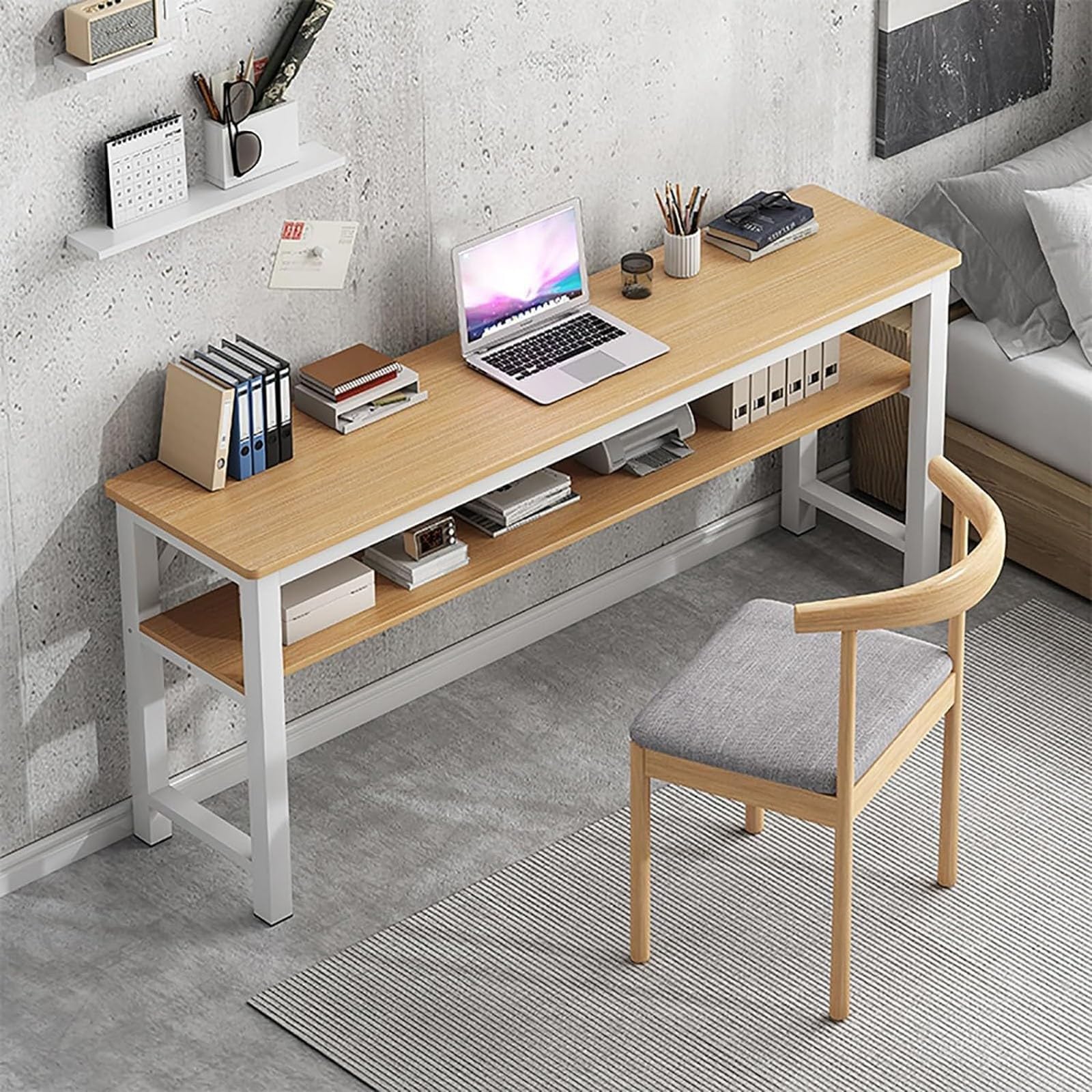 Bureau en bois massif haut de gamme 120x40 cm avec étagères de rangement double niveau