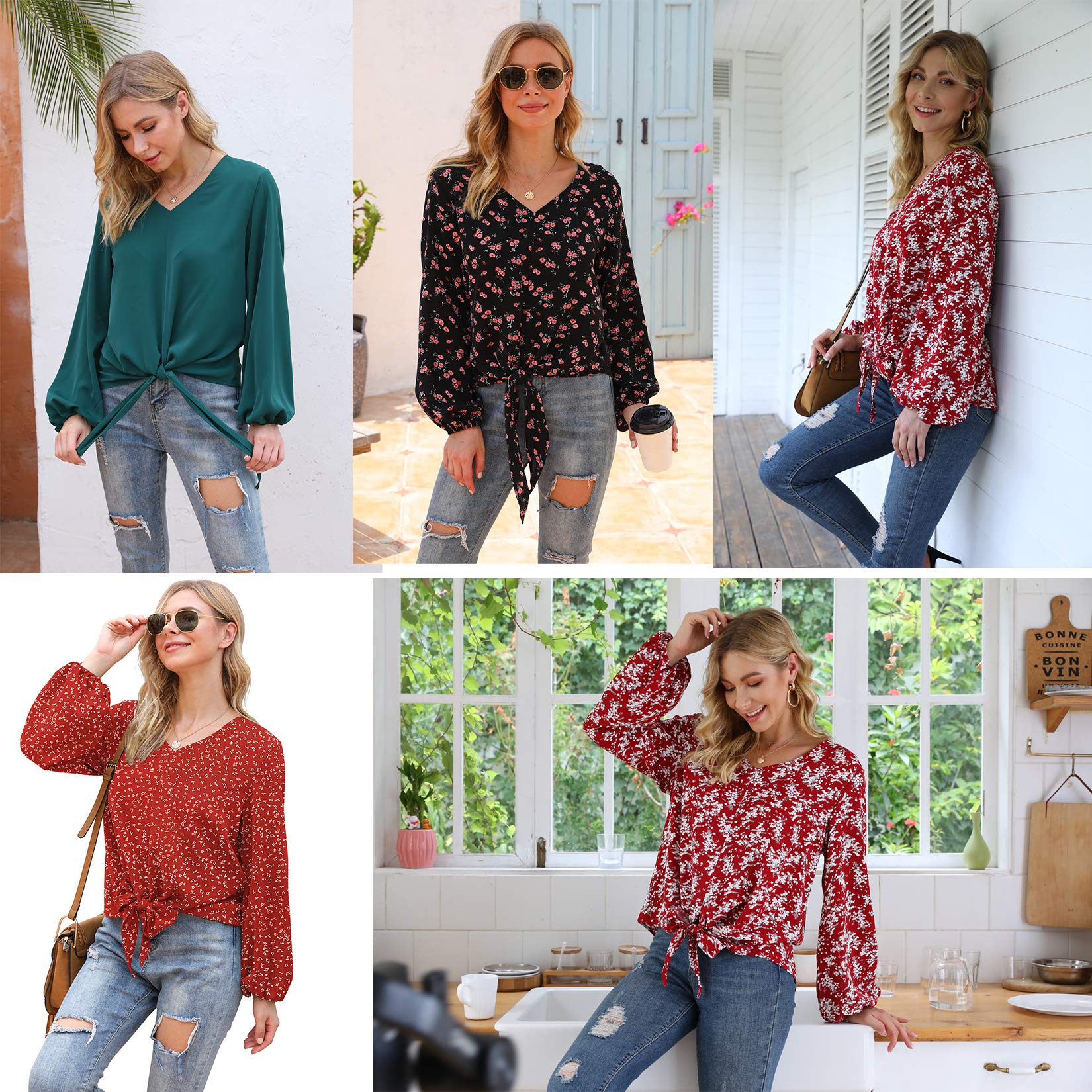VIISHOW Womens Tie Front Knot Lartern Sleeve Loose Fit V Neck Floral Blouses Chiffon Tops Shirts