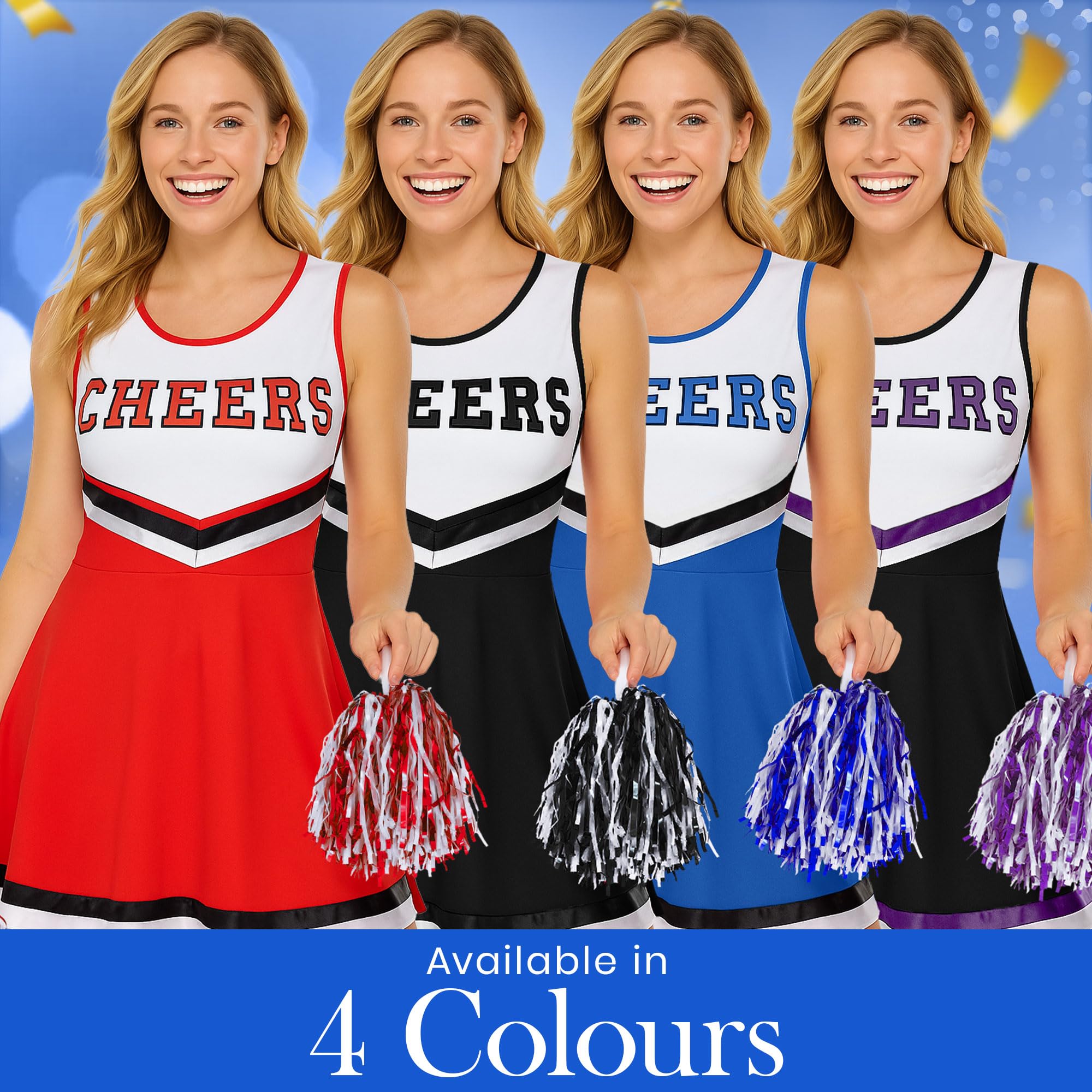 Redstar Fancy Dress Kostium cheerleaderki dla dorosłych, kostium cheerleaderki z pasującą sukienką i frędzlami, przebranie cheerleaderki dla kobiet, na Halloween, cosplay, karnawał