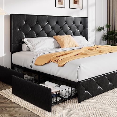 Allewie King Size Black Metal Faux Leather Platform Bed Frame with 4 Drawers - Black - King - Modern