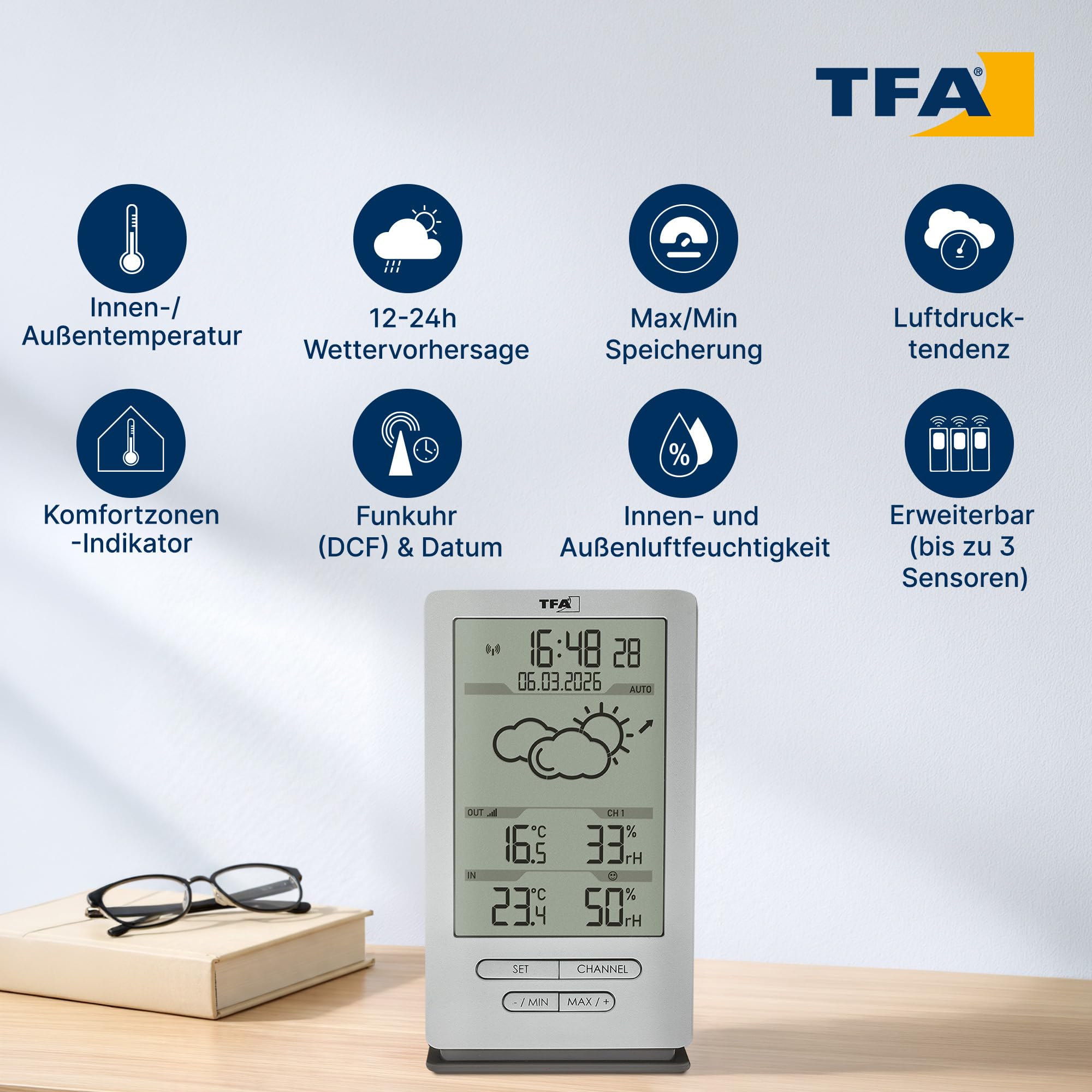 TFA Dostmann Funk Wetterstation Xena, 35.1162.54, mit Außensensor, Innen und Außentemperatur messen, mit Wettervorhersage, inkl Funkuhr, Luftfeuchtigkeit, batteriebetrieben, silber