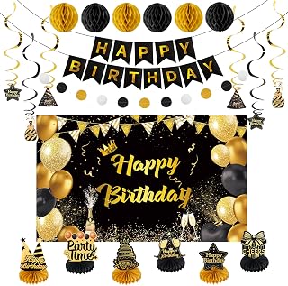Happy Birthday Party Decoration Set: Including Birthday Banner Backdrop, Party Table Centerpieces and Hanging Swirl Party Streamers, Birthday Decor for Men and Women (Gold/Black, Happy Birthday)
