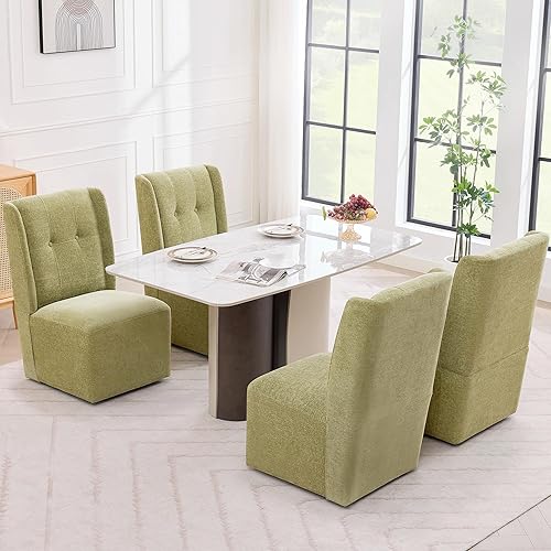 Miniatura 21 de Juego de 2 sillas de comedor con ruedas, moderna silla de comedor enrollada sin brazos tapizada con ruedas para cocina, sala de estar, piel PU