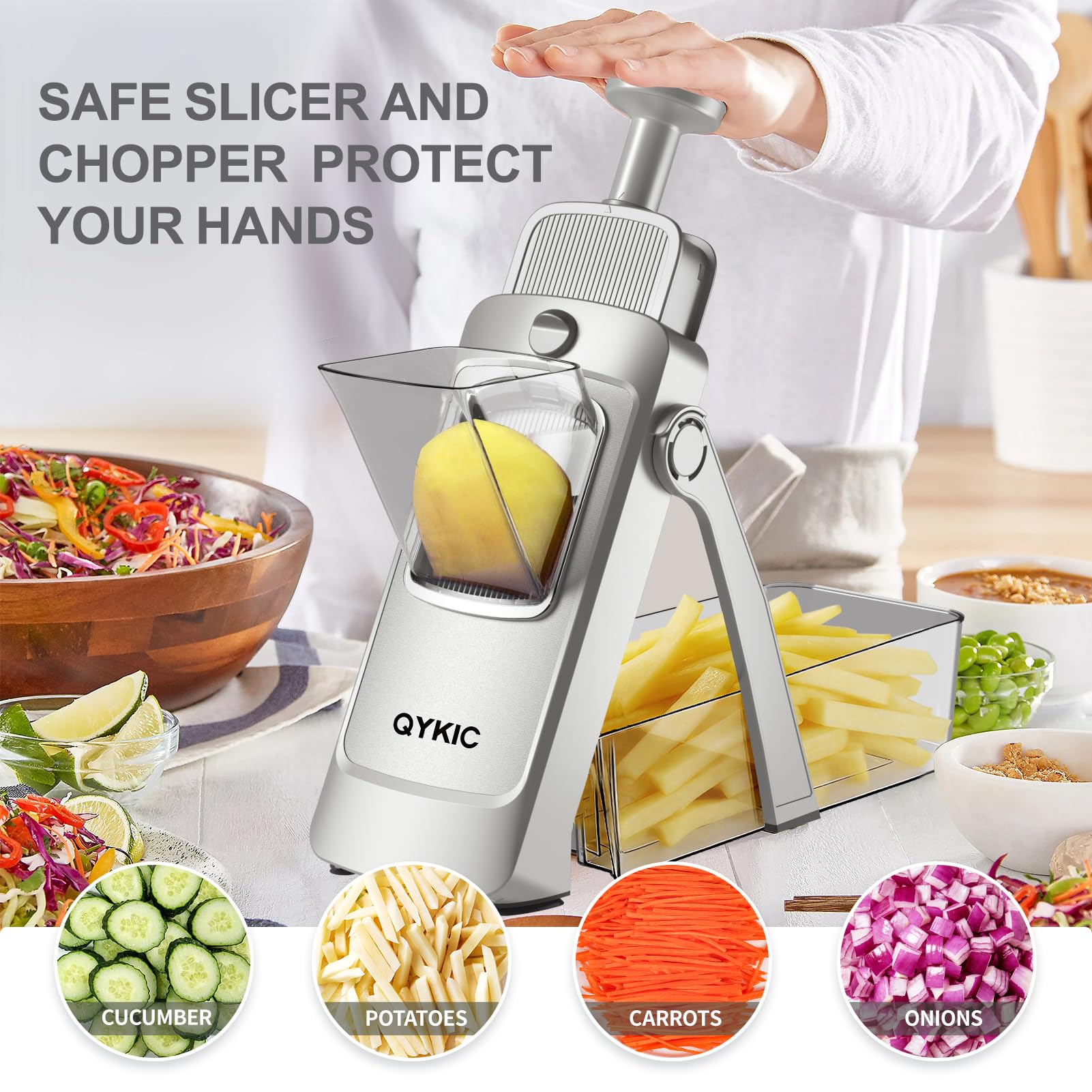 QYKIC Gemüseschneider, ONCE FOR ALL Verstellbar Gemüsehobel Mandoline Vegetable Slicer Kartoffelschneider Zwiebelschneider (Hellgrau)