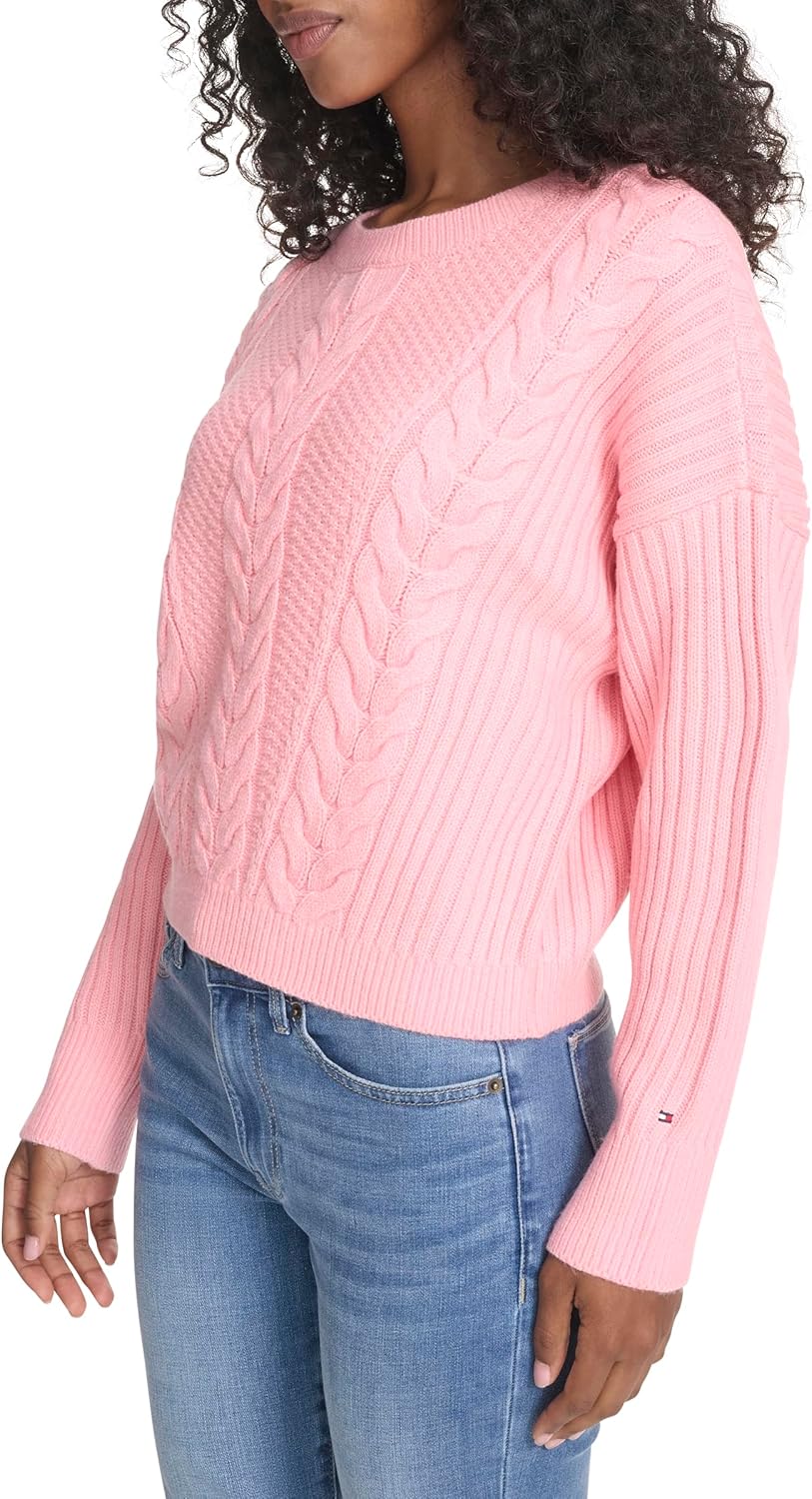 Tommy Hilfiger Womens Solid Cable Crewneck Bobbi Pullover Sweater - Image 3
