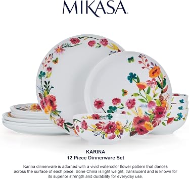 Mikasa Karina Bone China Lightweight Chip Resistant 12 Piece Dinnerware Set, Service for 4