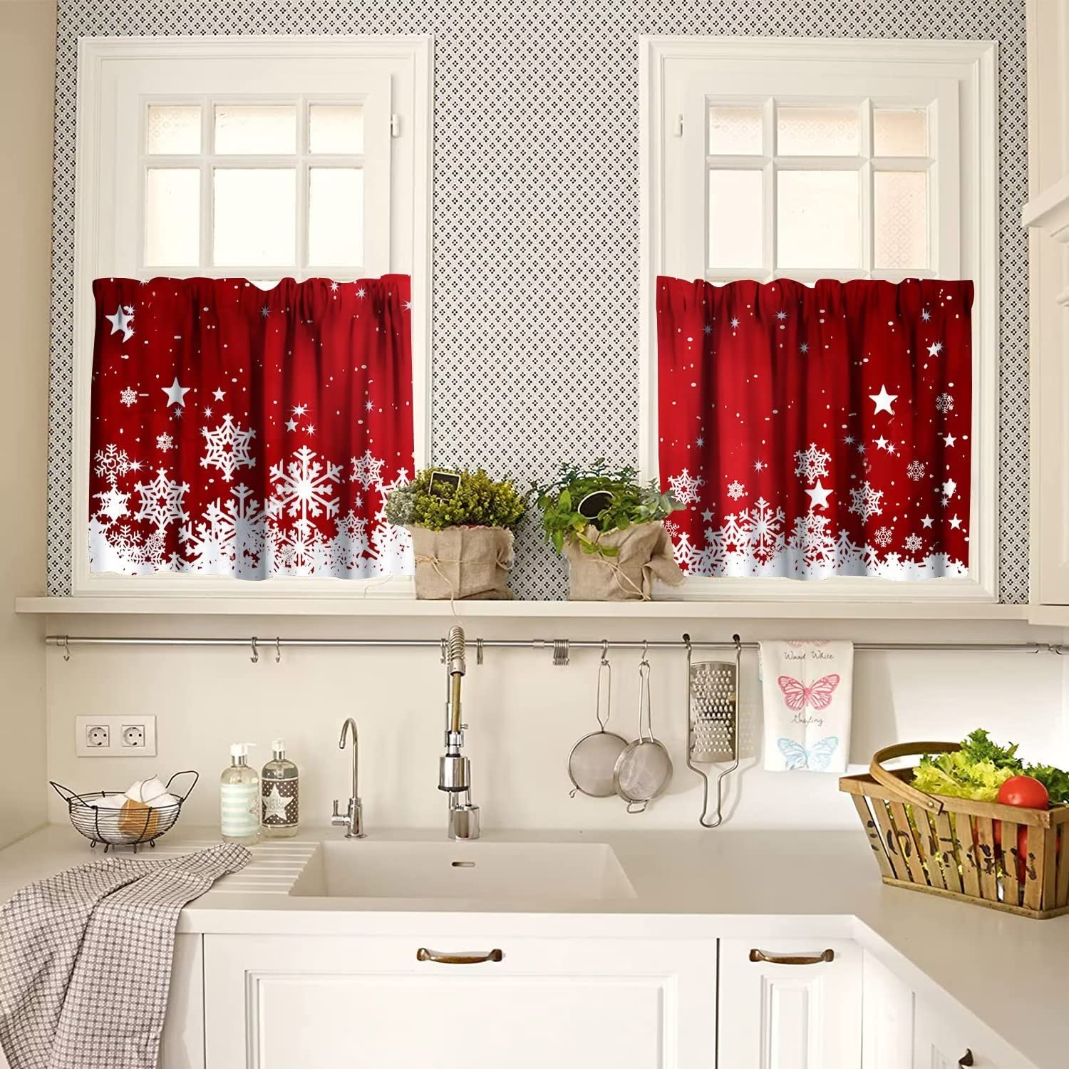 Christmas Kitchen Curtains and Valances Set Red Floral Snowflake Decoration Kitchen Window Curtains Tier and Valance Curtain Set for Bedroom Living Room 54x18 & 27x24x2, 3 Panel