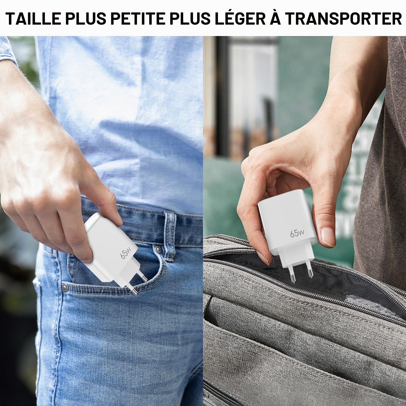 FPVtosky 65W USB-C Chargeur Alimentation avec Charge Rapide,Technologie GaN,Compatible avec DJI Lito X1/Neo/Mini 5Pro/4/3/4k/Air 3S/Avata 2/Avata 360,Osmo Pocket 3/4,Hub,avec câble C vers C(Blanc)