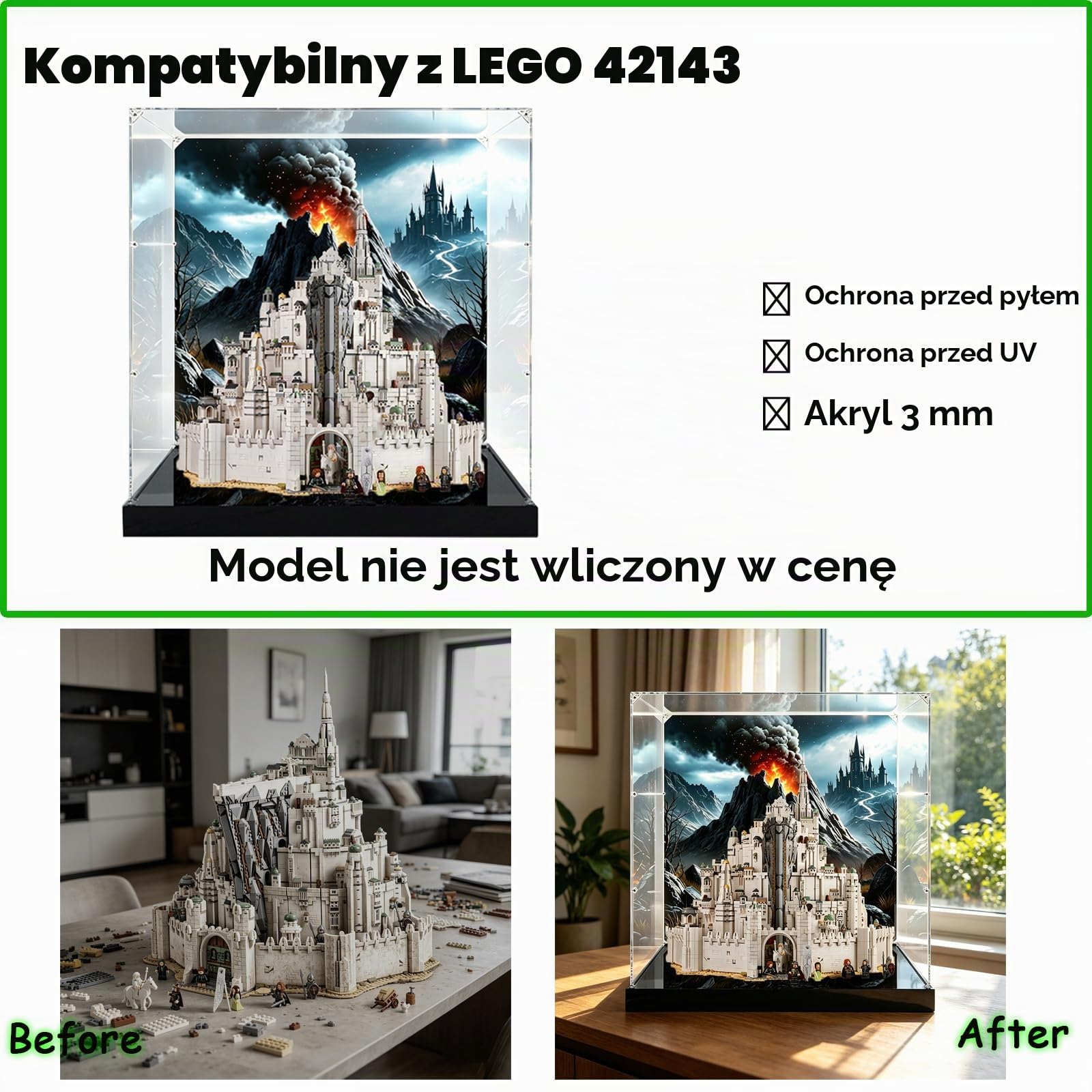 Kompatybilny z LEGO 11377 Władca Pierścieni: Minas Tirith (Białe Miasto) – przezroczysta witryna akrylowa / przechowywanie i ochrona przed kurzem