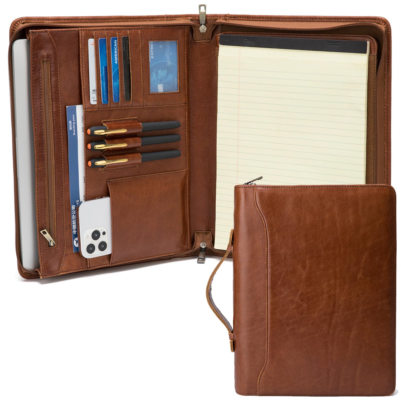 Geslun Genuine Leather Portfolio with Hidden Handle, Front Pocket, Business Padfolio Tablet/13” Laptop Organizer, Folio Document Cell Phone Holder,