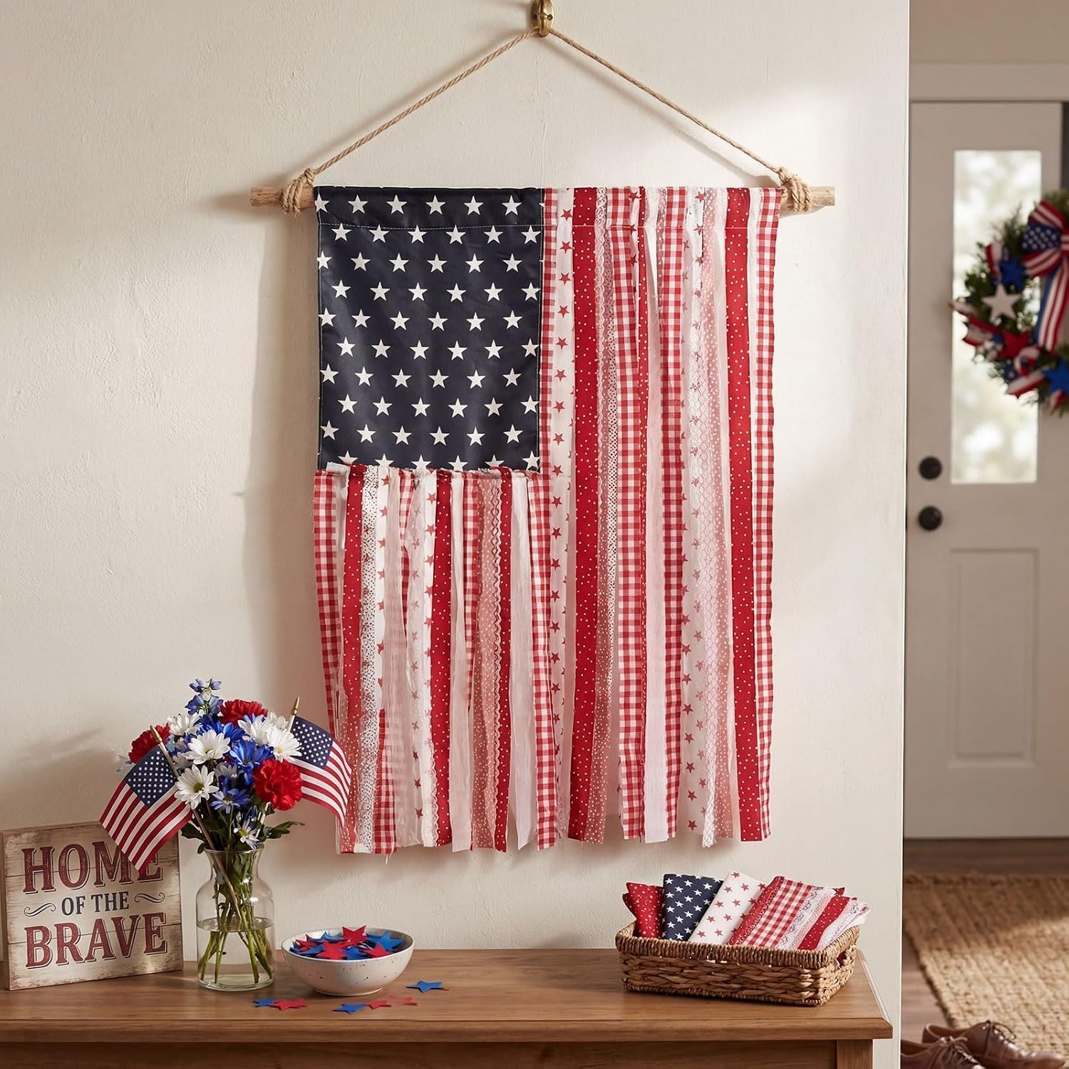 4th of July Decorations, Retro Boho American Flag Banner for Home Party Supplies, Vintage Fourth of July Independence Memorial Day Decor for 250th Anniversary Celebration Door Wall Outdoor Indoor