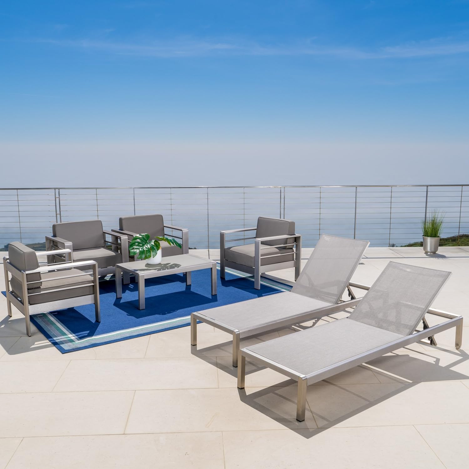 Christopher Knight Home Cape Coral Outdoor Club Chair Set with 2 Chaise Lounges and Table, 4-Pcs Set, Khaki / Grey / Silver