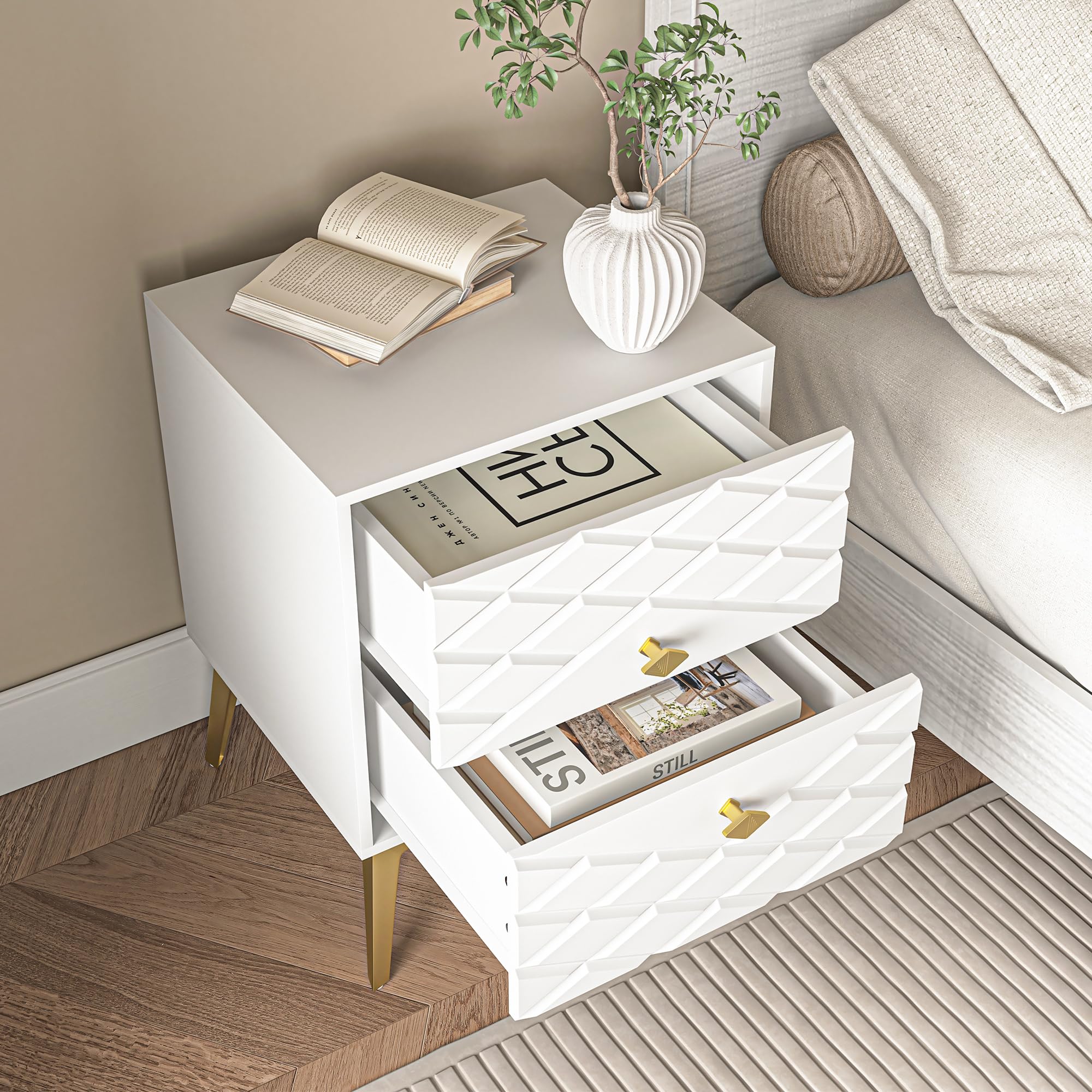 Amazon.com: White Nightstand Set of 2, Modern Bedside Table with Gold  Handles and Legs, Wood Night Stand End Table with 2 Drawers for Bedroom,  Living Room : Home & Kitchen