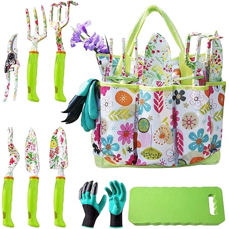 NAYE Garden Tool Set,Cute Gardening Gifts for Women,Heavy Duty Tool Kit with Gardening Gloves,Garden Tote,Kneeling Pad,Hand Pruner,Trowel,Hand Rake,Weeder,Fork,Transplanter
