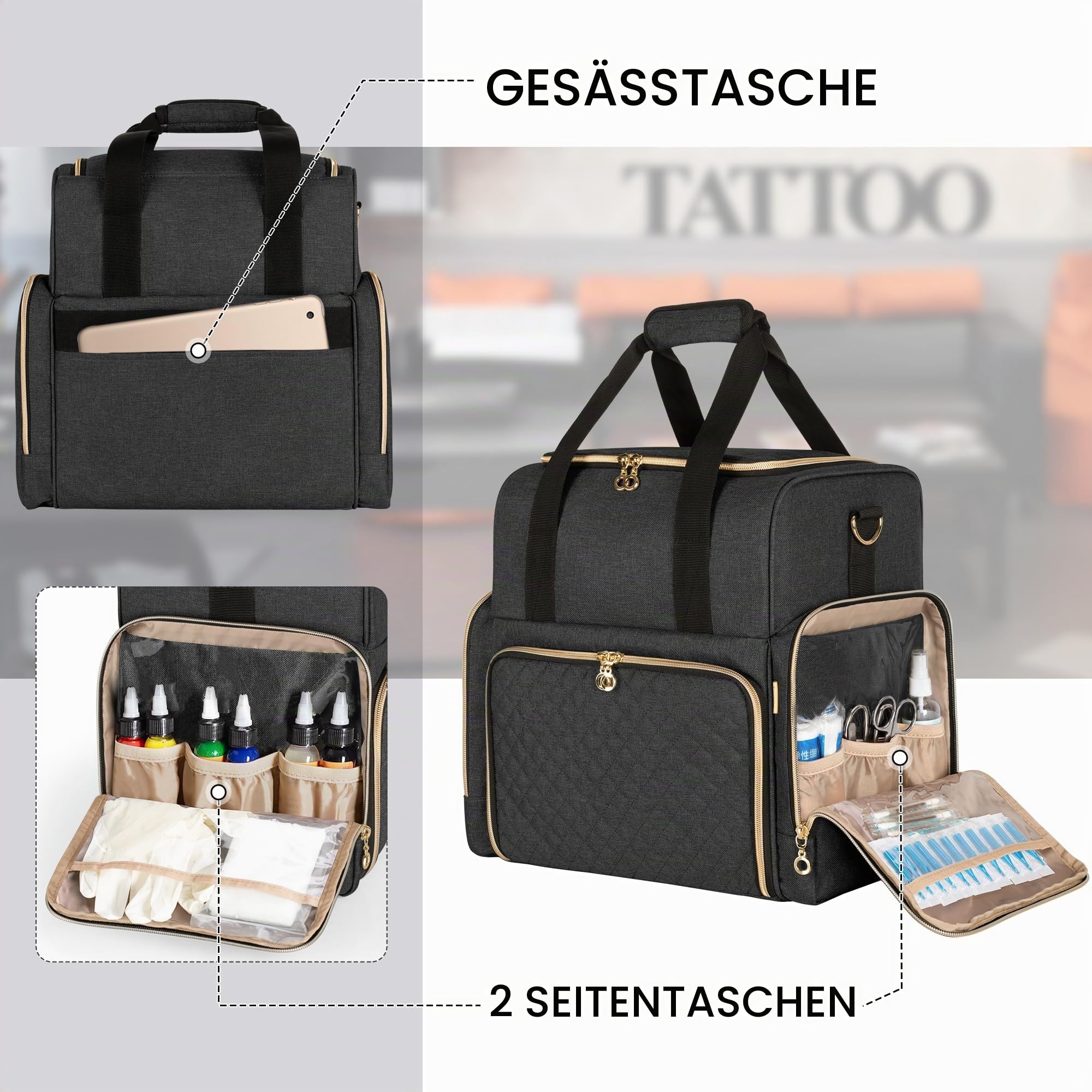 Luxja Großes Tattoo Reiseetui mit 3 abnehmbaren Beuteln, Schwarz | Tattoo Supplies Organizer für Tattoo Schablone Drucker und Tattoo Kit