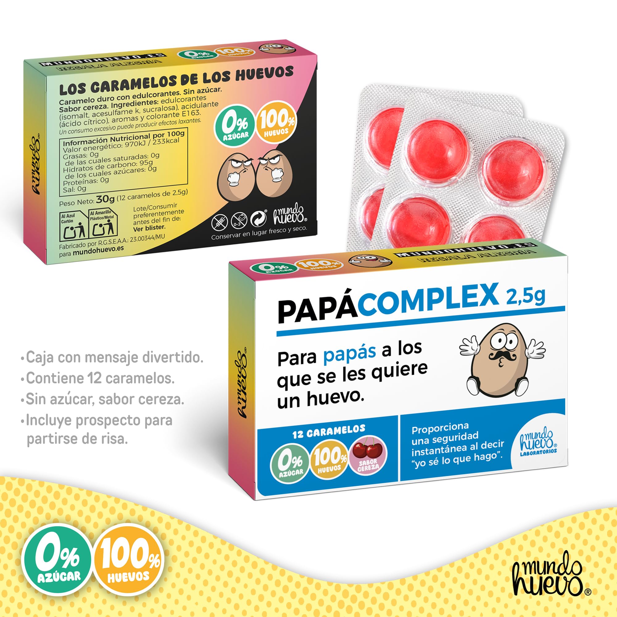 mundohuevo Regalo Divertido Dia del Padre | Taza Personalizada Papa TE Queremos UN Huevo, Caramelos de Broma PAPACOMPLEX y Calcetines Sorpresa.