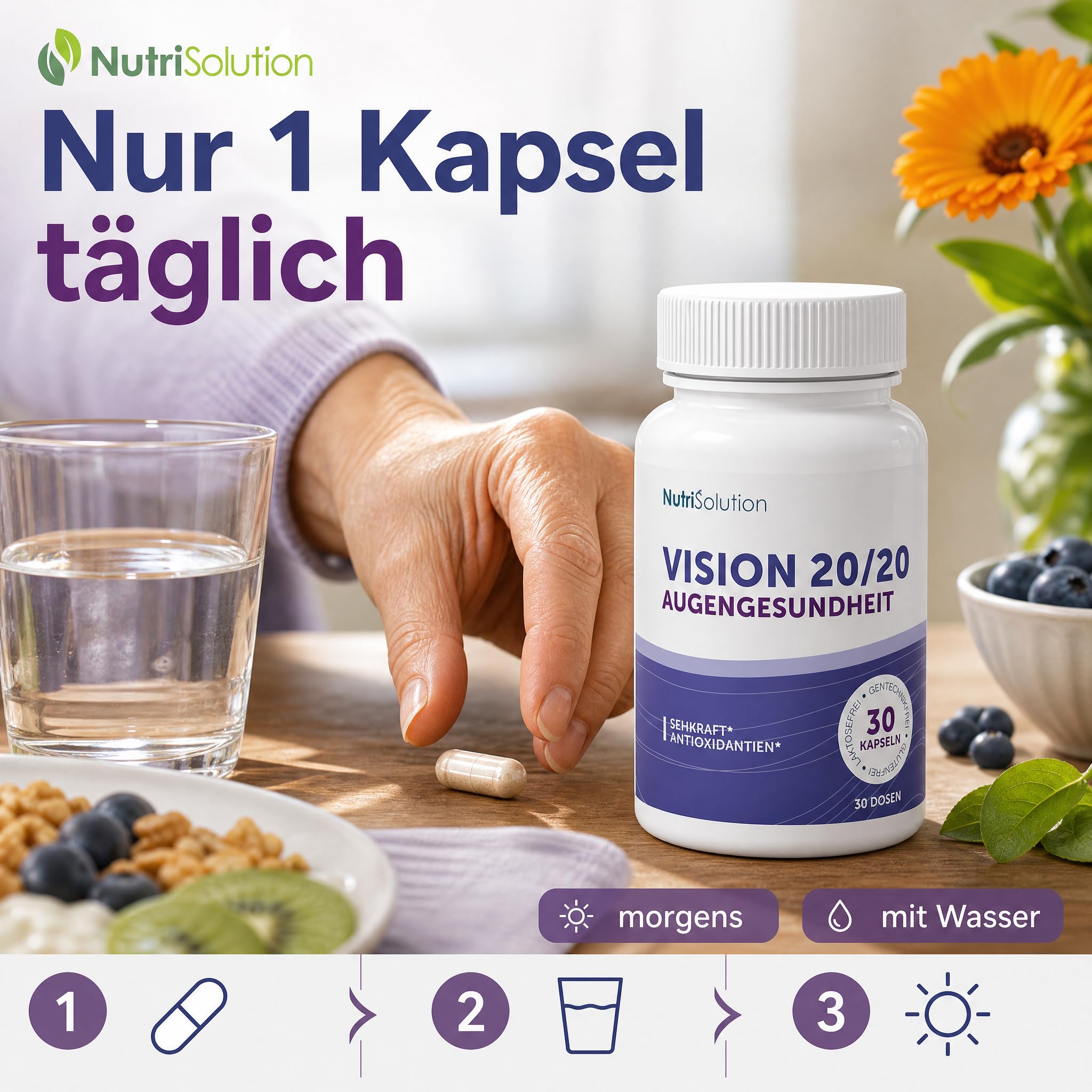 Vision 20/20: Natürliches Nahrungsergänzungsmittel für die Augengesundheit mit Heidelbeere, Lutein & Zeaxanthin – Sehschärfe & Augenermüdung – 30 vegane Kapseln (1)