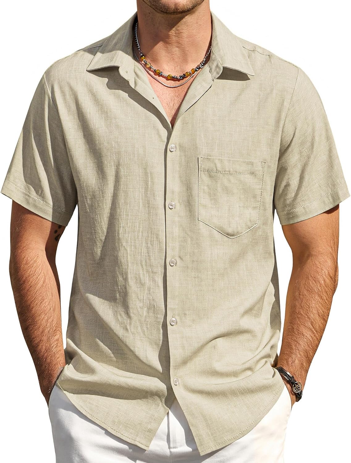 Mens Linen Shirts Button Down Short Sleeve Casual Summer Beach Shirts with Pocket
