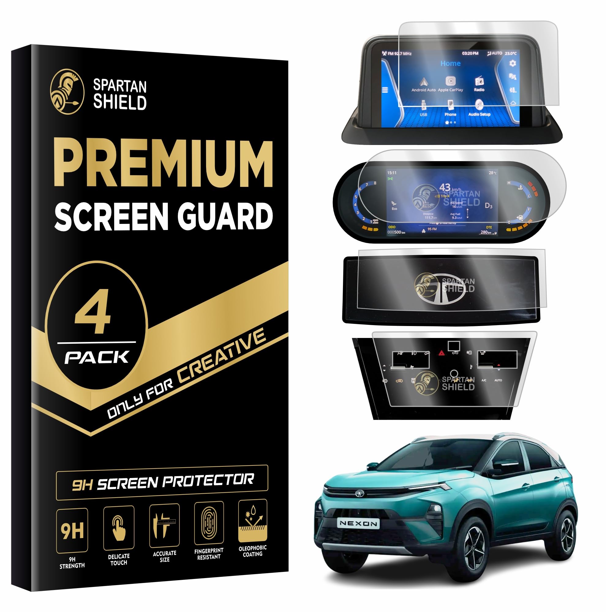 {4 PACK Screen Guard COMBO For TATA NEXON 2023 FACELIFT || CREATIVE 7 INCH INFOTAINMENT + 7INCH INSTRUMENT CLUSTER + STEERING + AC PANEL Protector Accessories [Not Tempered Glass]