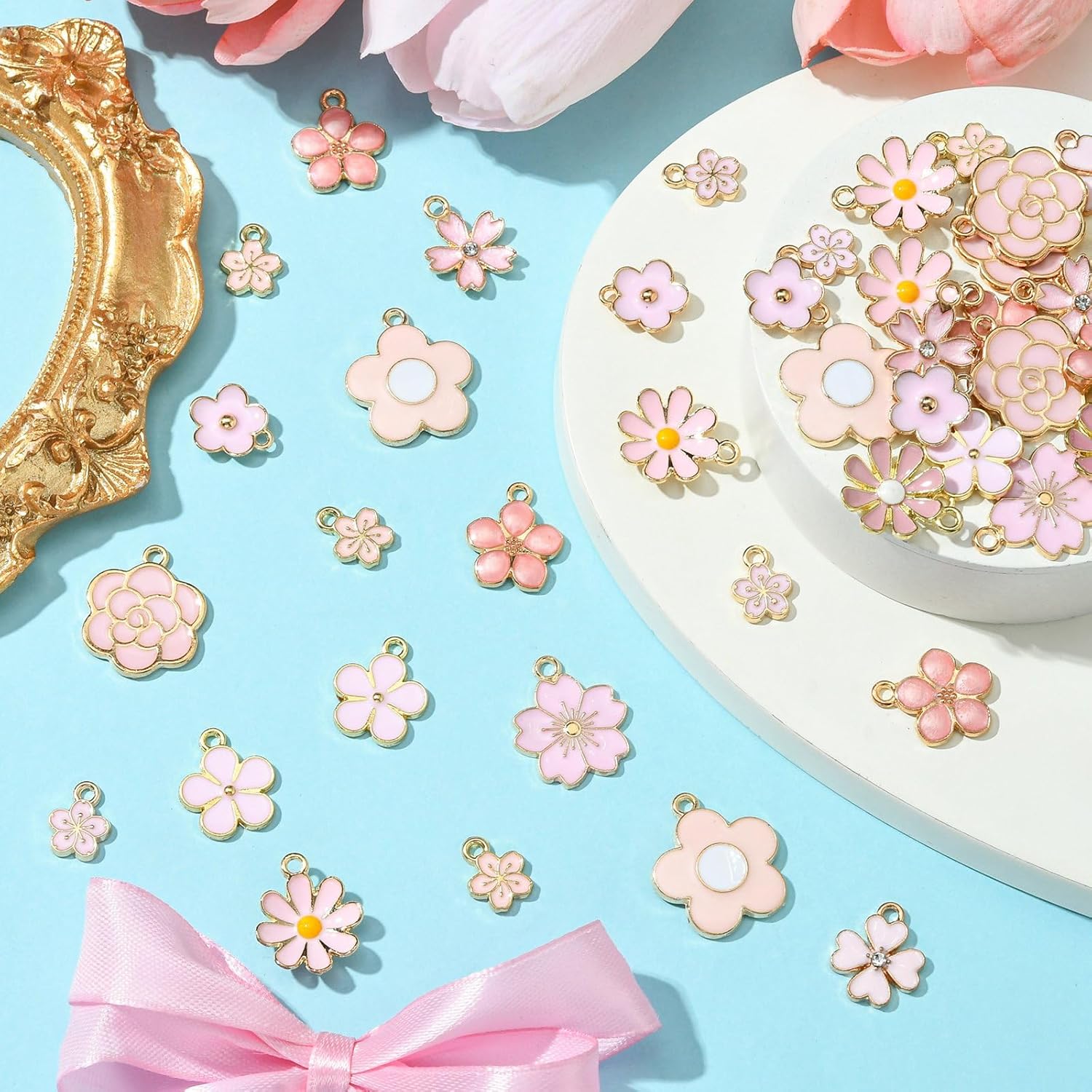 DanLingJewelry 60Pcs 12 Styles Pink Series Enamel Flower Charms Spring Summer Floral Cherry Blossom Charms for Jewelry Making Supplies - Image 3