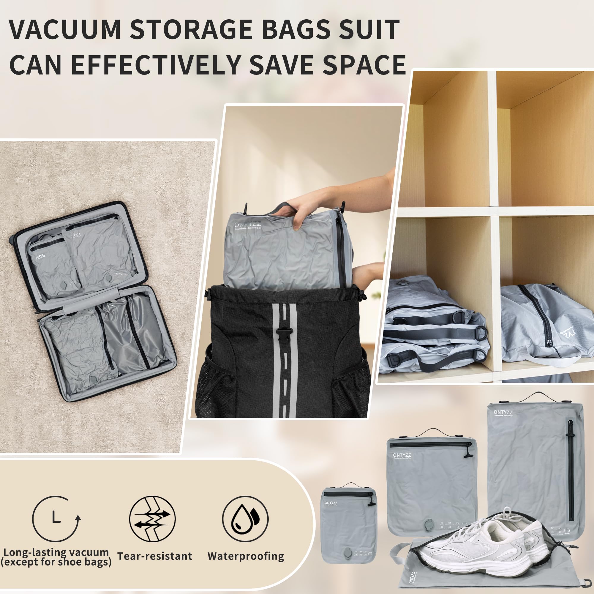 Organizer per Valigie Compressione Cubo Imballaggio Set di 4 Riutilizzabile TPU Sacchetti Sottovuoto con IPX8 Impermeabile Cerniera Sacchetti Sottovuoto per Vestiti Biancheria Intima Calzini Scarpe