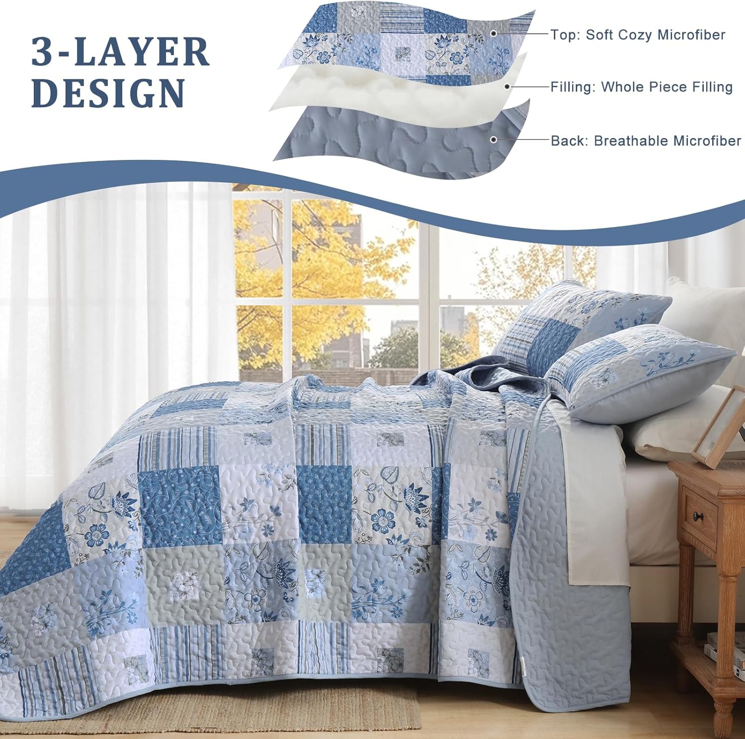DJY Floral Patchwork Quilt Set King Size, 3 Pieces Blue Plaid Boho Bedspread Coverlets, Soft Cozy Microfiber Quilt Bedding Set, Farmhouse Floral Bedspread Bed Cover for All Seasons 110"x90"