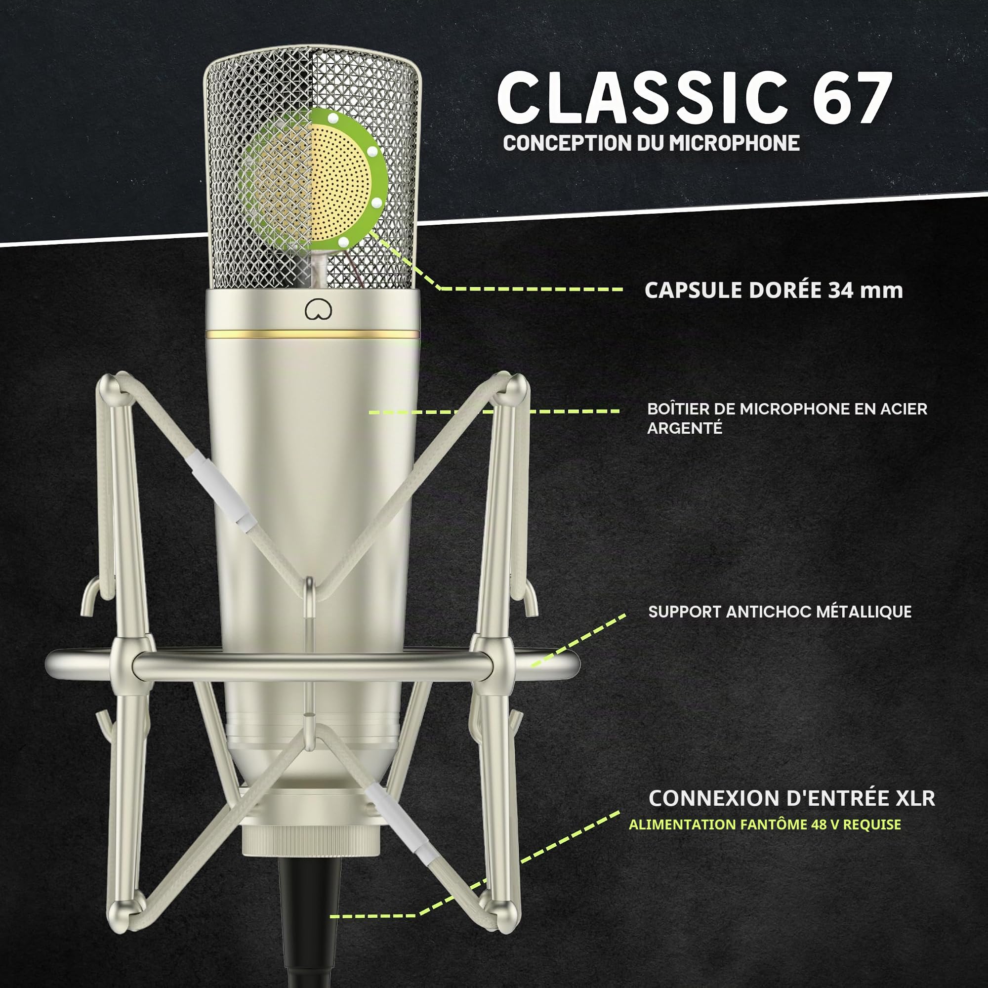 MA-67 Microphone à condensateur de studio, capsule à large diaphragme doré de 34 mm, avec filtre hydropop, support antichoc en métal, câble XLR et sac de micro – pour production de musique,