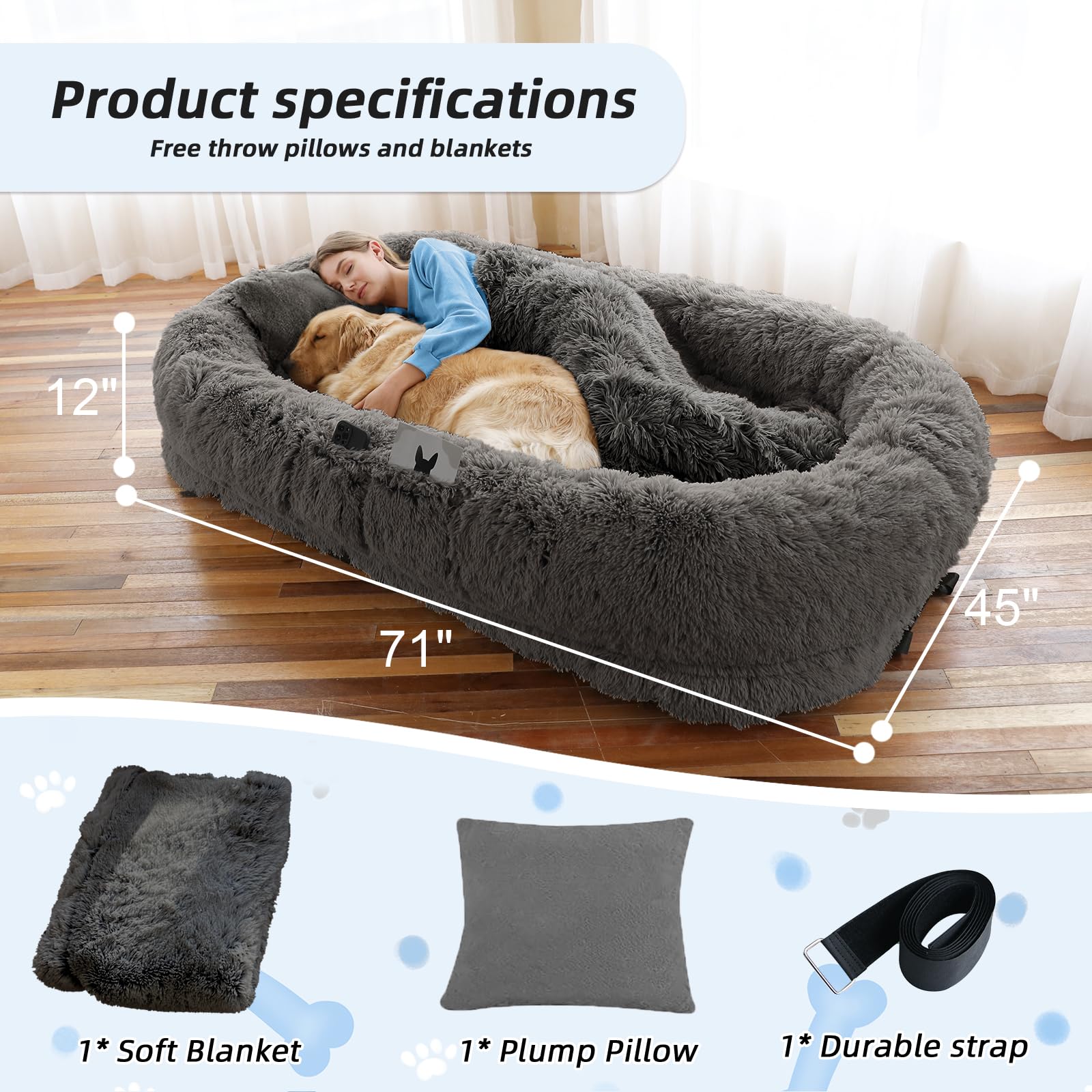 Human Dog Bed, 71''x45''x12'' Size Fits You and Pets, Washable Faux Fur Pet Bed for People Doze Off, Napping Orthopedic Dog Bed, Present Plump Pillow, Blanket, Strap - Pink: 71.0"L x 45.0"W x 12.0"Th Dark Grey