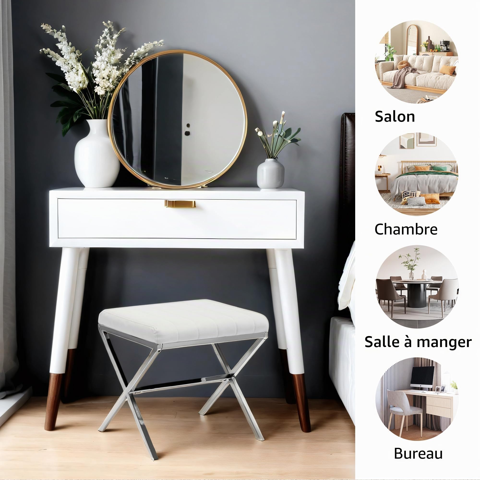 DUHOME Tabouret de Maquillage Rembourré Pouf Coiffeuse Moderne Ottoman X Leg Sièges Piano Pieds en Métal pour Chambre Salon Toilette, Blanc