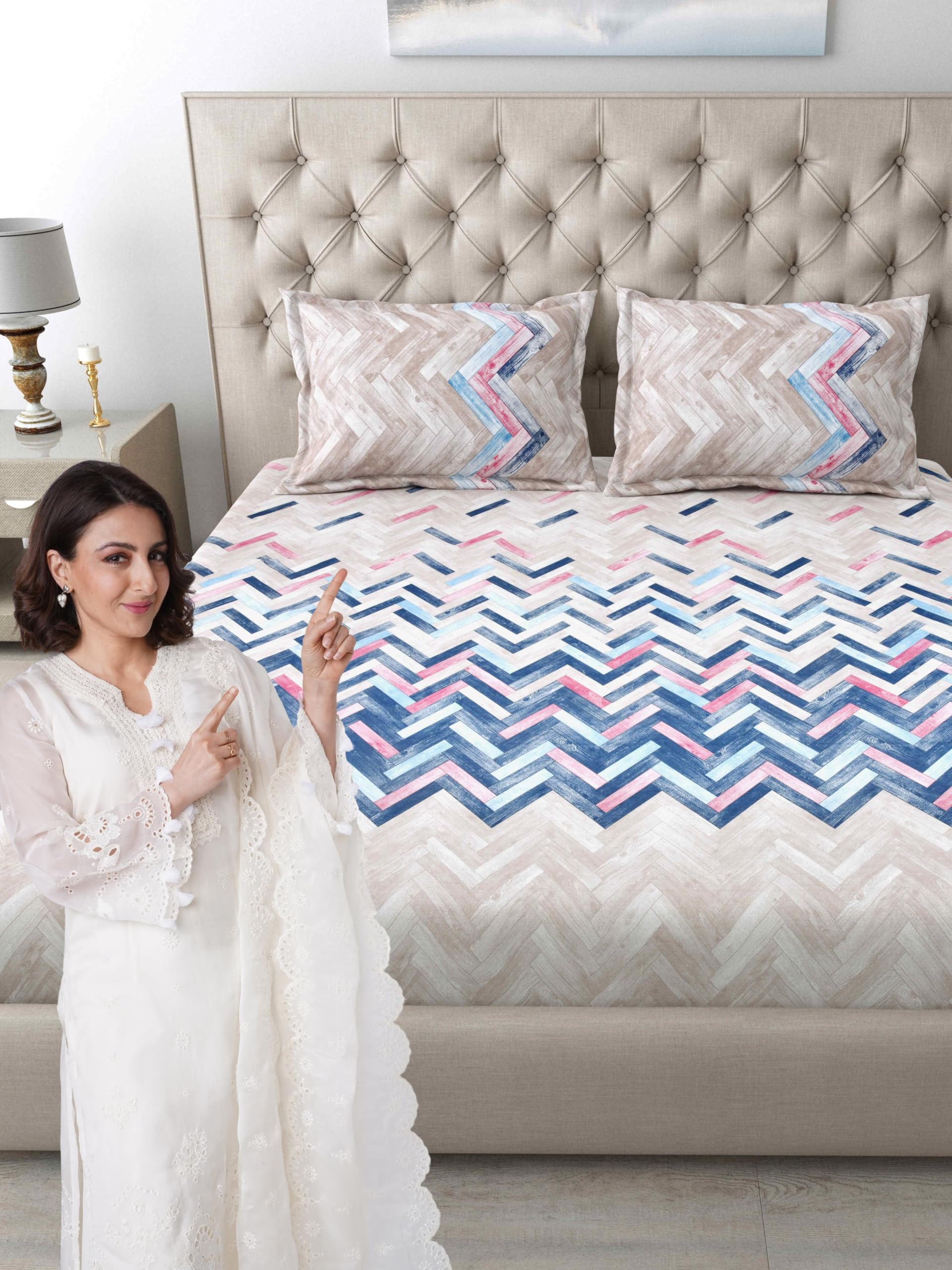 Mafatlal King Size Bedsheet - Beige Blue Leaf Print -12