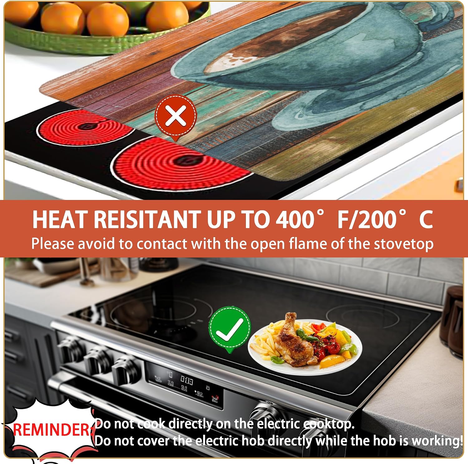 Electric Stove Top Cover,Vintage Coffee Stove top Covers,Retro Wooden Heat Resistant Glass Cooktop Cover,Range Stovetop Protector,Dish Drying Mats for Kitchen(28"x19.5")