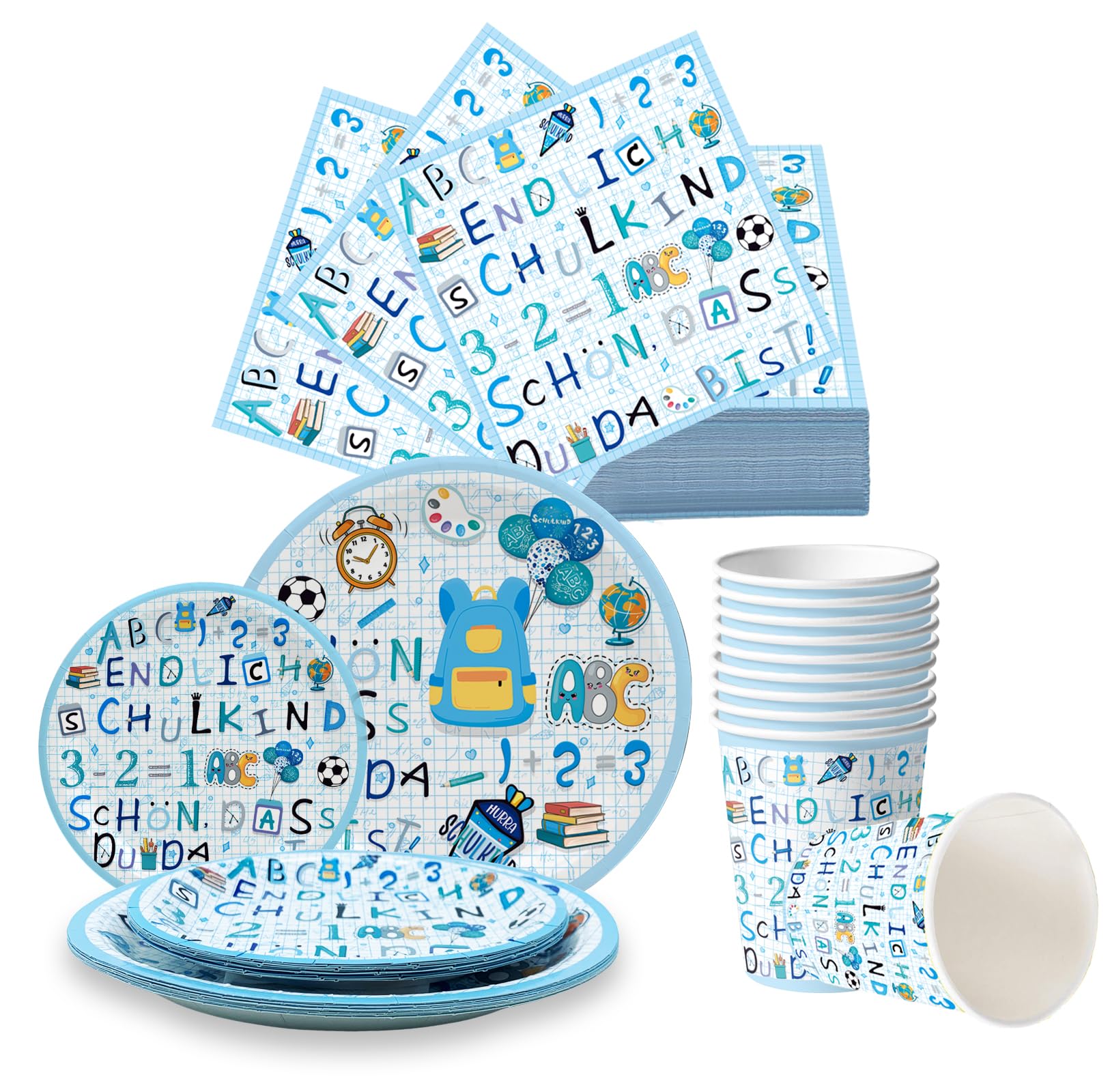 Pappteller Einschulung, Schulanfang Pappgeschirr Set, Einschulung Teller Und Becher, mit 20 Servietten, 20 Pappteller, 10 Pappbecher, Schulkind Schuleinführung Tischdeko für Jungen Mädchen