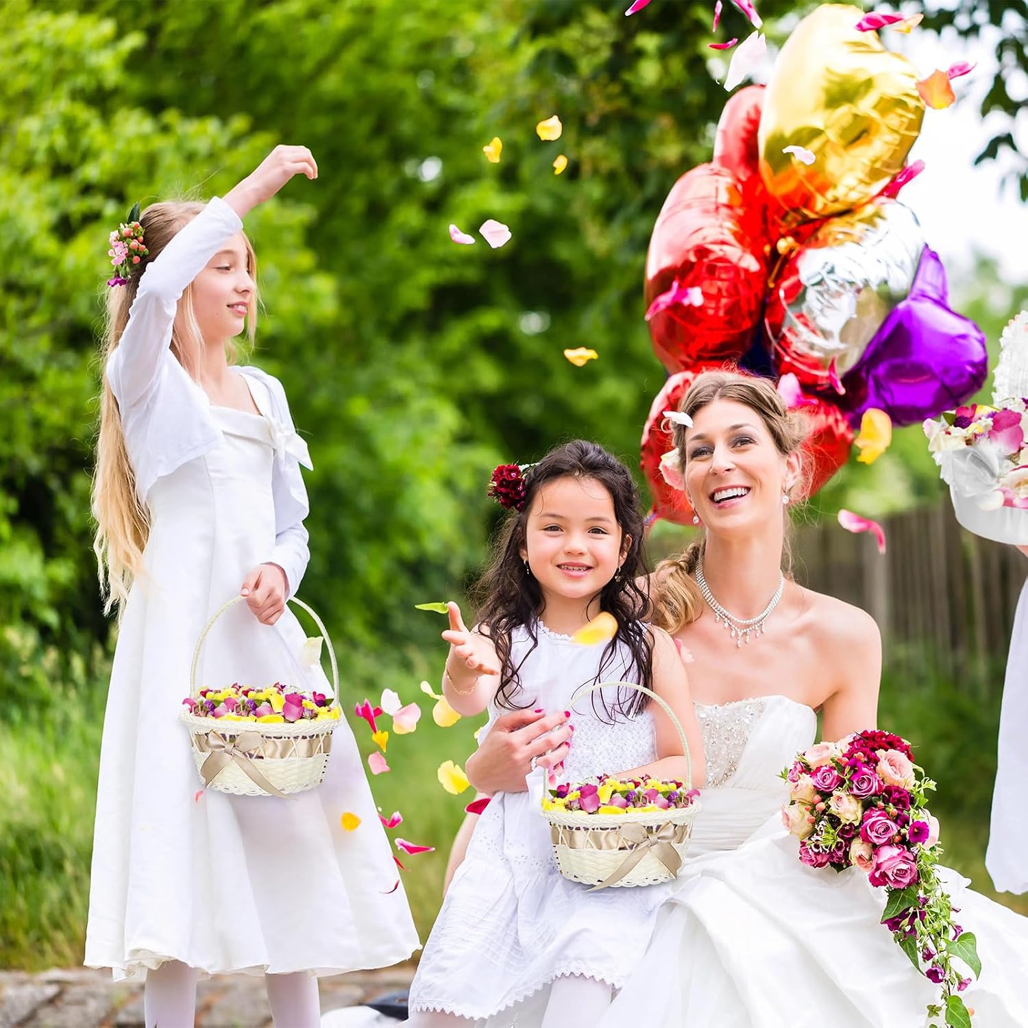Handmade Flower Girl Basket for Weddings, Woven Plastic Beige image 5