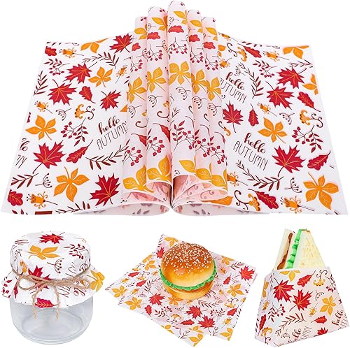 Whaline 200 hojas de papel de cera de hojas de otoño, papel de envoltura de alimentos, papel de envoltura de sándwich, hojas de arce, cesta de papel
