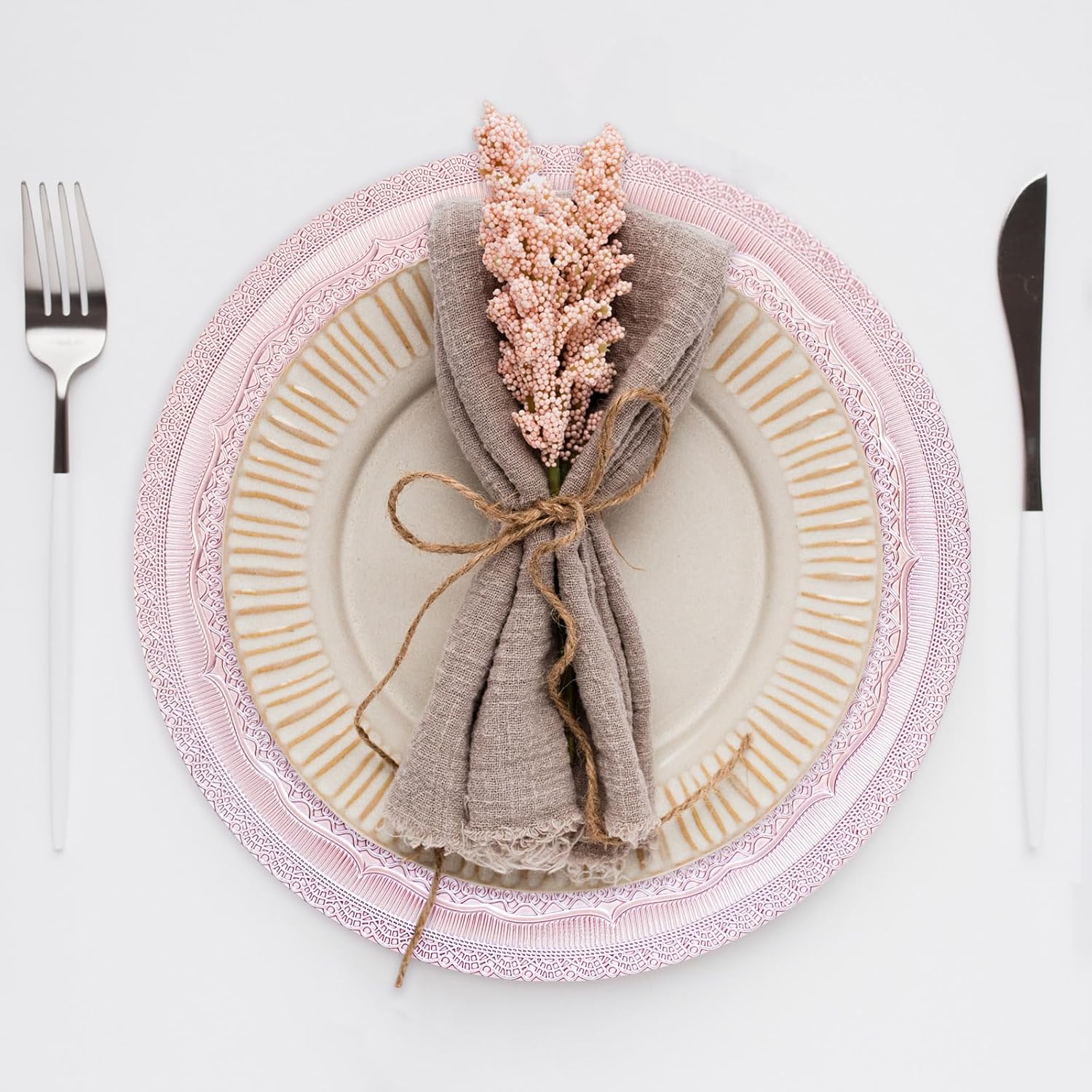 13" Foil-Pink Charger Plates, Lace Embossed Elegant Charger Plate Set of 6, Round Server Ware Chargers for Dinner Plate, Reusable Bulk Table Setting for Party or Event - Image 3