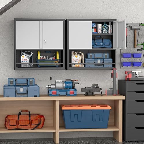 Miniatura 24 de LUCYPAL Armario de almacenamiento de metal con 2 puertas de bloqueo y 2 estantes ajustables, gabinete de almacenamiento con cerradura de acero para