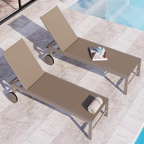 Miniatura 9 de QAQA - 2 tumbonas para exteriores con ruedas, silla de aluminio para patio con 5 posiciones ajustables para piscina, playa, patio, gris oscuro