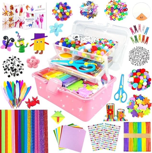 3000 Fournitures d'art et d'artisanat pour les enfants Trousse d'artisan Boîte d'Artisanat avec Nettoyeurs de Pipe Arts et artisanat pour enfants 4-6 ans, 6-8, 8-12 ans DIY Fournitures scolaires Matériel Ensemble Jouets Cadeaux pour filles Garçons Tout-petits, Rouge