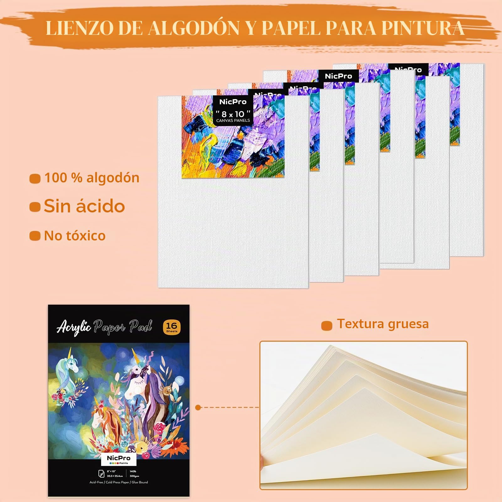 Nicpro Juego De Pinturas Acrílicas De 68 Piezas, Acrílicas De 12ML X 24 Colores, Con Caballete De Mesa, 8 Platos De Lienzo, 12 Pinceles, Taza De Limpieza, Esponja, Paleta Para Artistas Principiantes