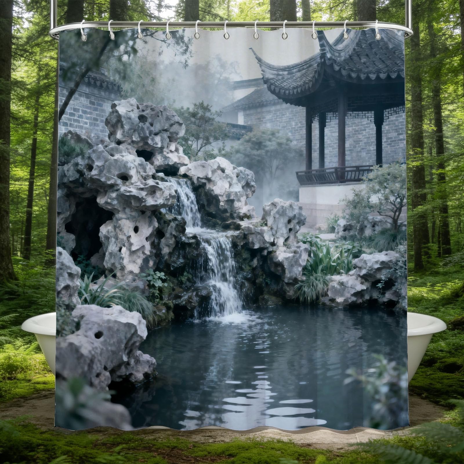 Hongduo 3D Chinese Garden Shower Curtain for Stalls Bathtubs Oriental Aesthetics Bathroom Decor Shower Curtain Set Polyester Fabric Waterproof 120x180cm/48X71 Inch with Hooks