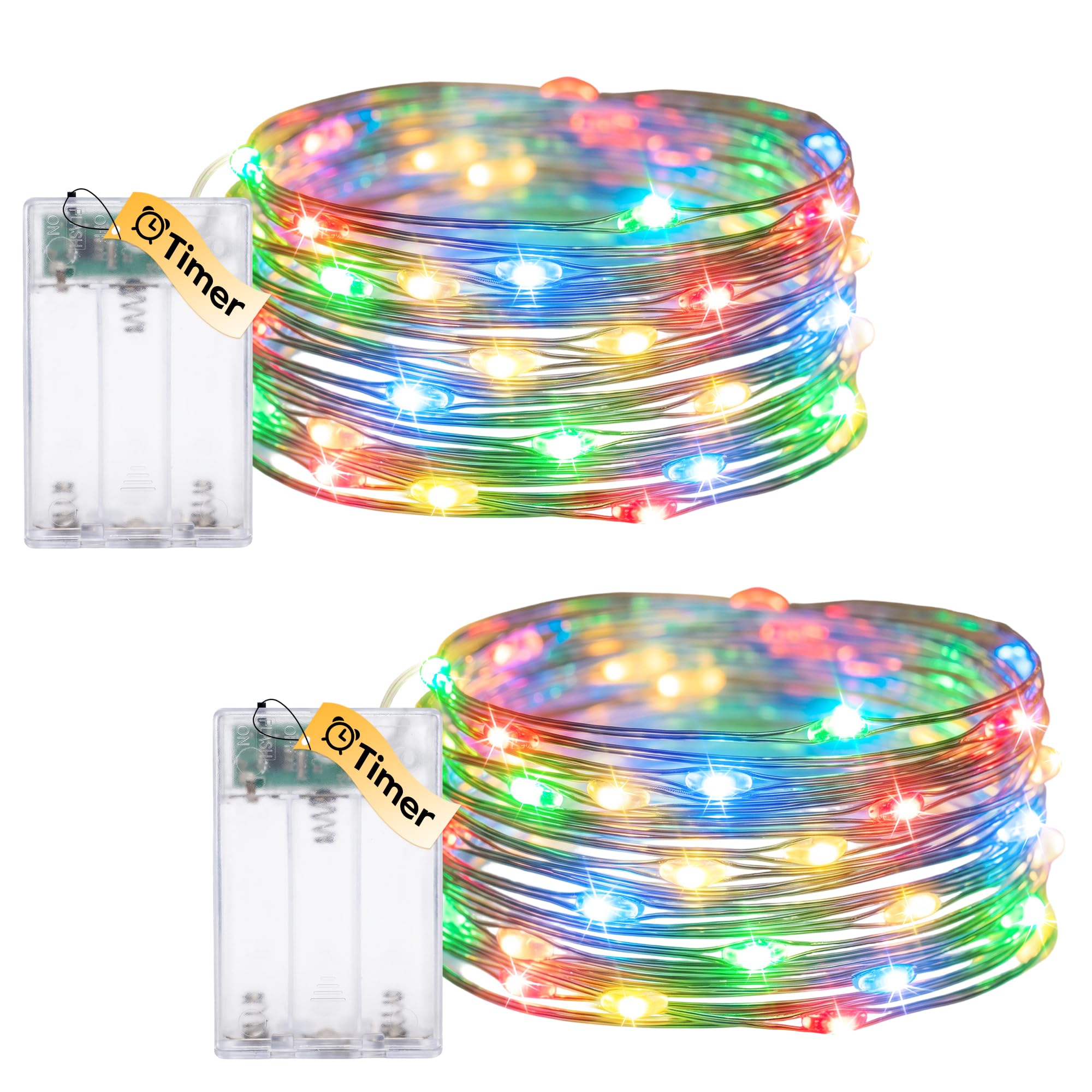 Tacobey 2 Pcs Battery Christmas Lights Multicolor Silver Wire Fairy Lights